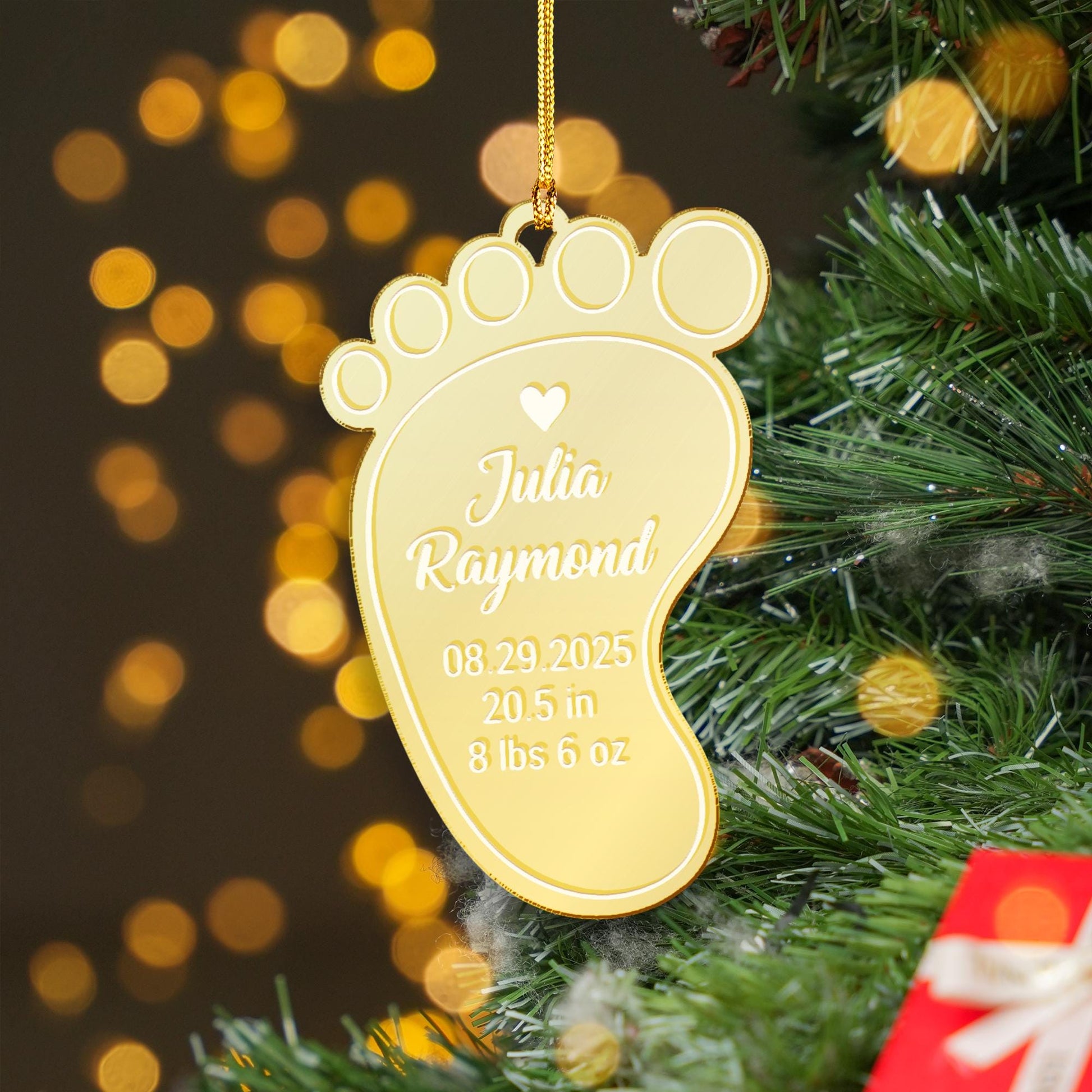 Personalized Baby Footprint Acrylic Mirror Ornament - Birth Stats Keepsake