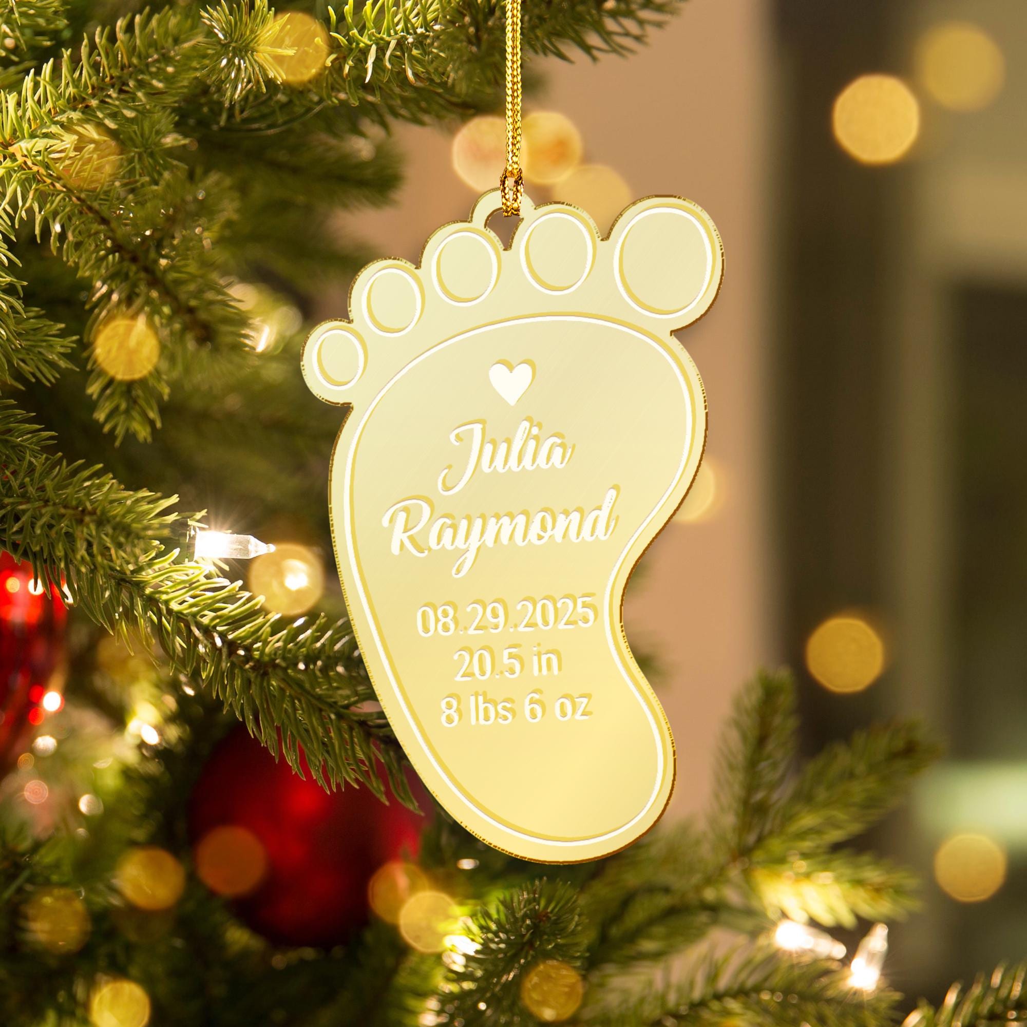 Personalized Baby Footprint Acrylic Mirror Ornament - Birth Stats Keepsake