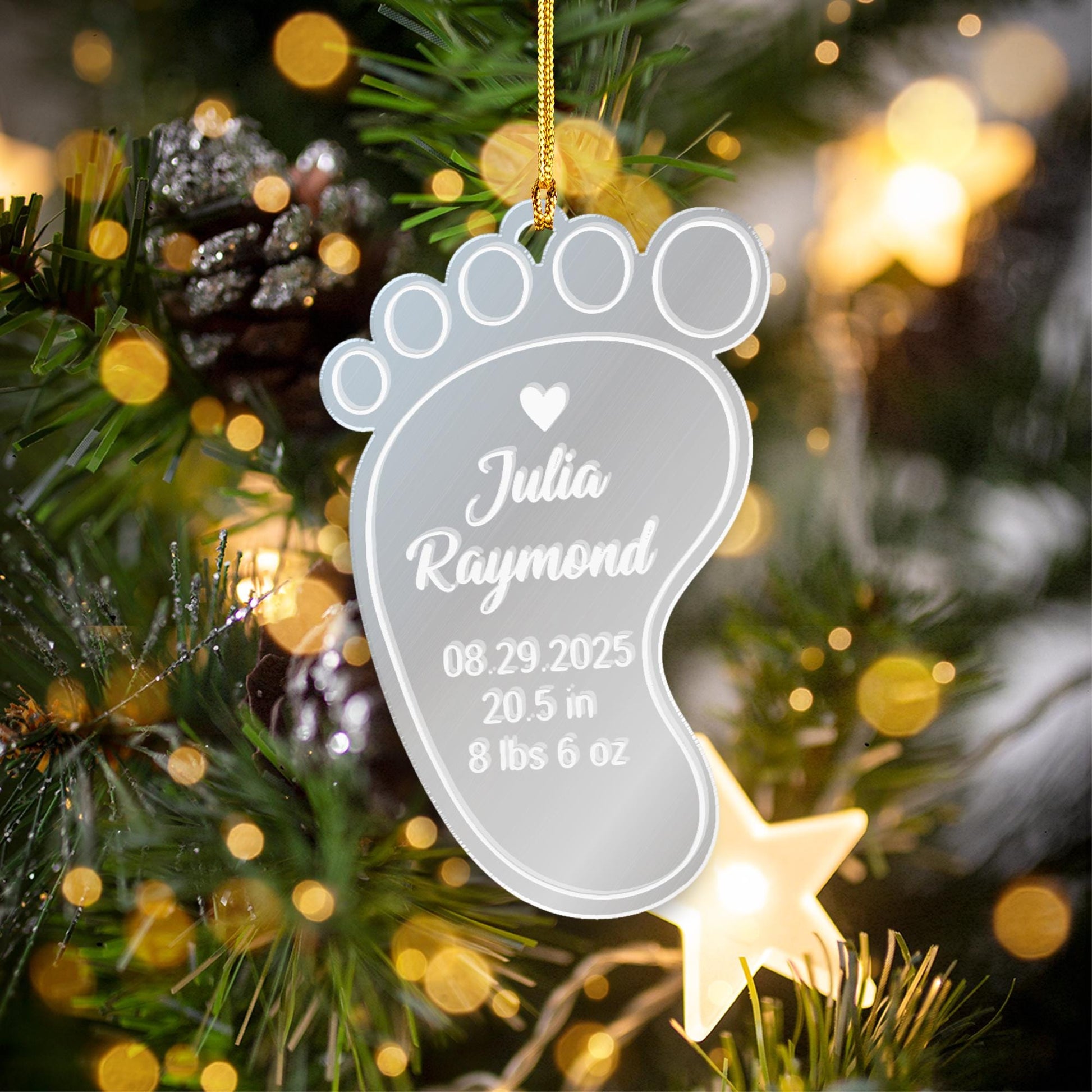 Personalized Baby Footprint Acrylic Mirror Ornament - Birth Stats Keepsake