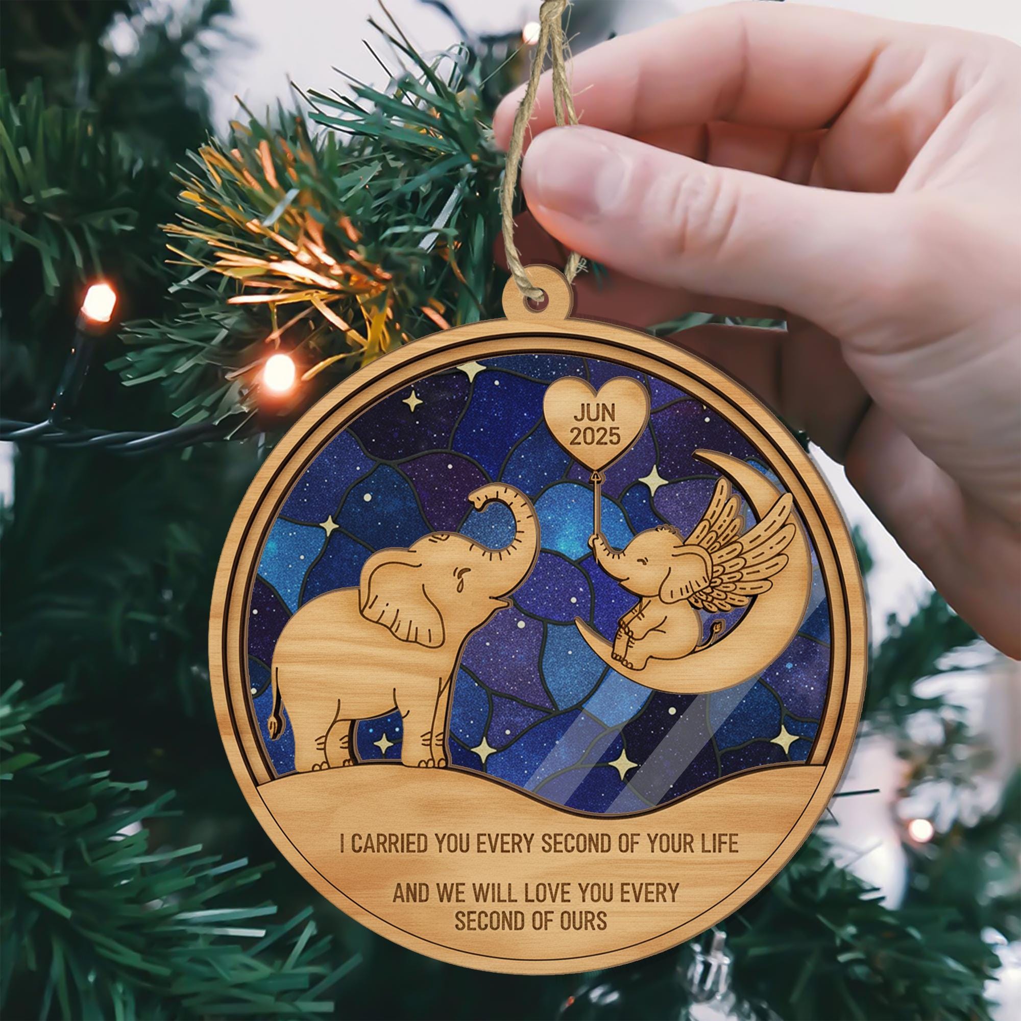 Wood and Acrylic Elephant Suncatcher Ornament – Baby Loss Memorial Design, Personalized Date, Angel Wings, Window or Tree Decoration image 1