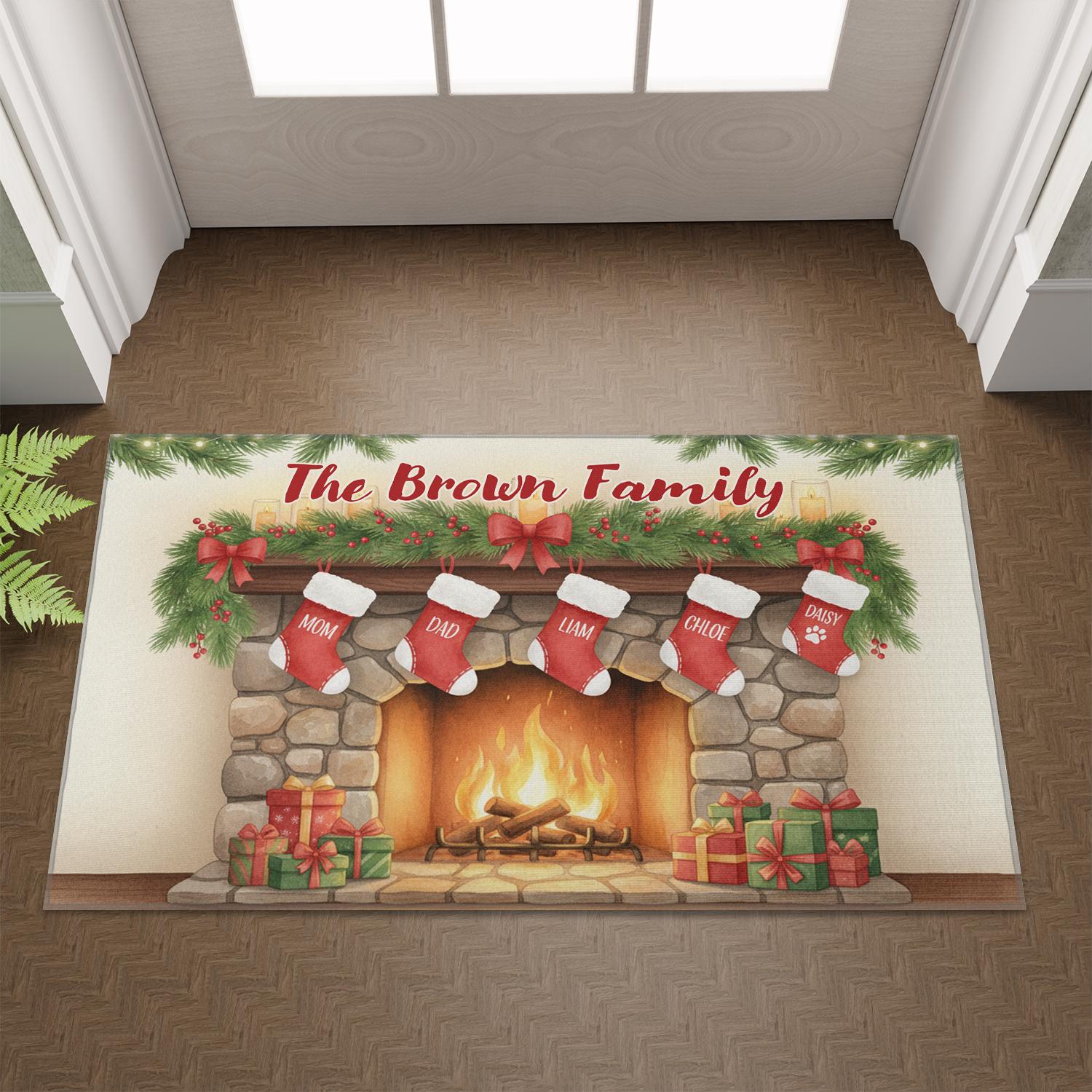 Christmas Doormat –Family Stockings & Fireplace Design, Non-Slip Back, Indoor Outdoor Holiday Mat