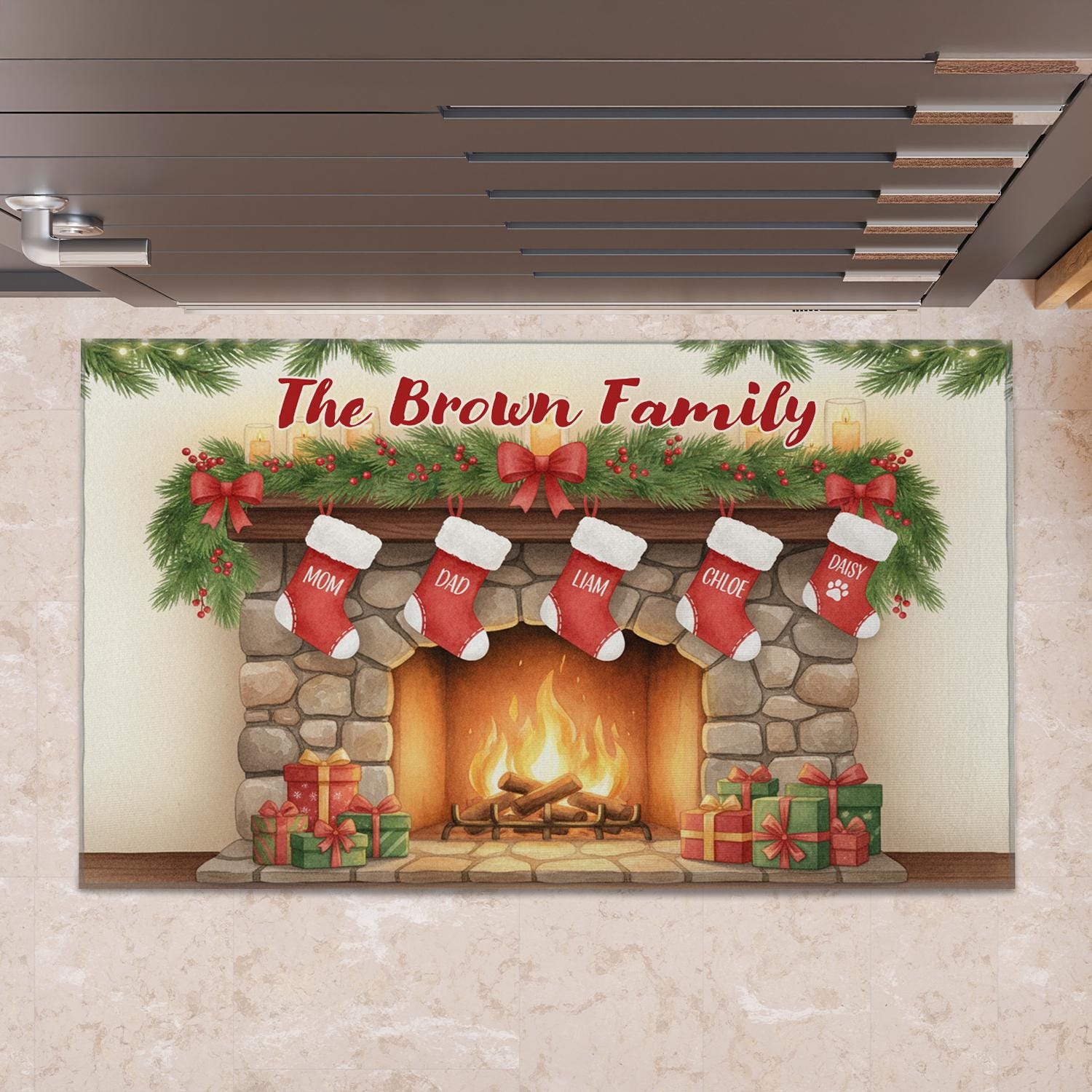 Christmas Doormat –Family Stockings & Fireplace Design, Non-Slip Back, Indoor Outdoor Holiday Mat
