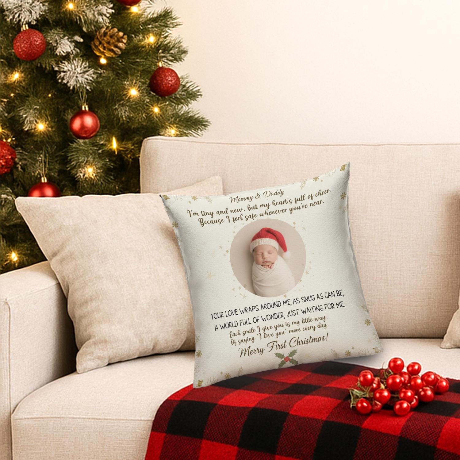 Custom Baby Birth Stats Pillow with Photo, Newborn Christmas Cushion, Personalized Nursery Decor