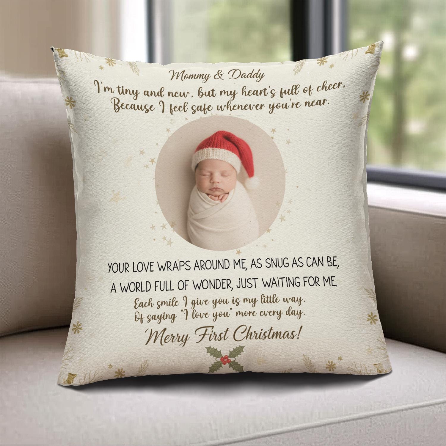 Custom Baby Birth Stats Pillow with Photo, Newborn Christmas Cushion, Personalized Nursery Decor