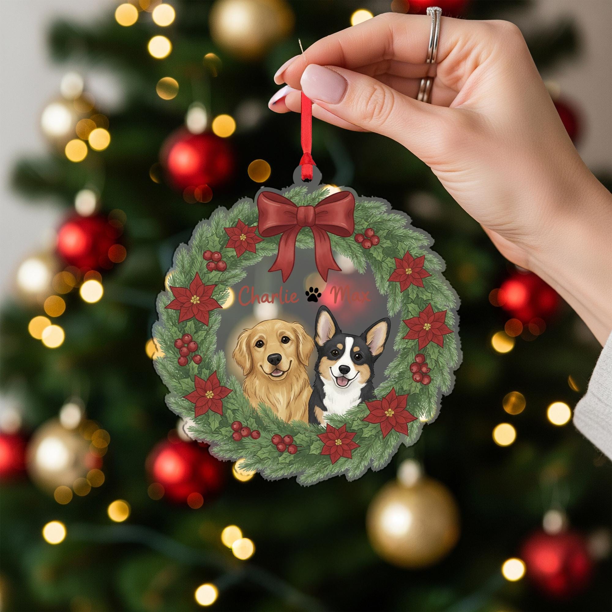 Personalized Pet Portrait Ornament — Hanging Dog Wreath Keepsake