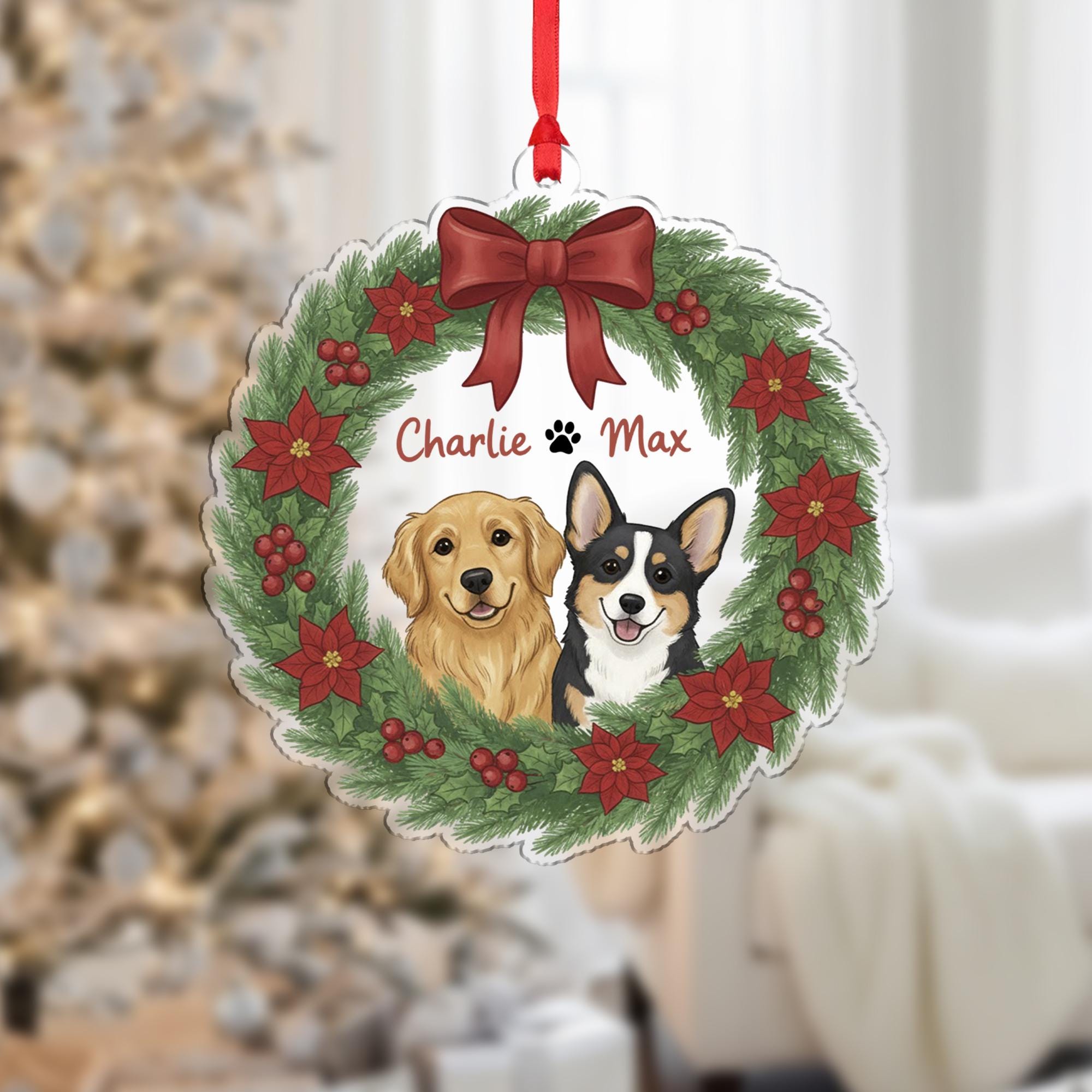 Personalized Pet Portrait Ornament — Hanging Dog Wreath Keepsake