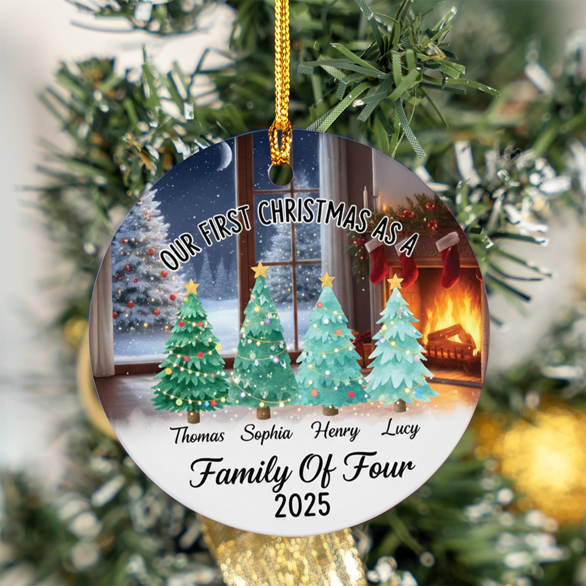 Personalized Family of Four Ceramic Ornament: First Christmas, Custom Names image 1