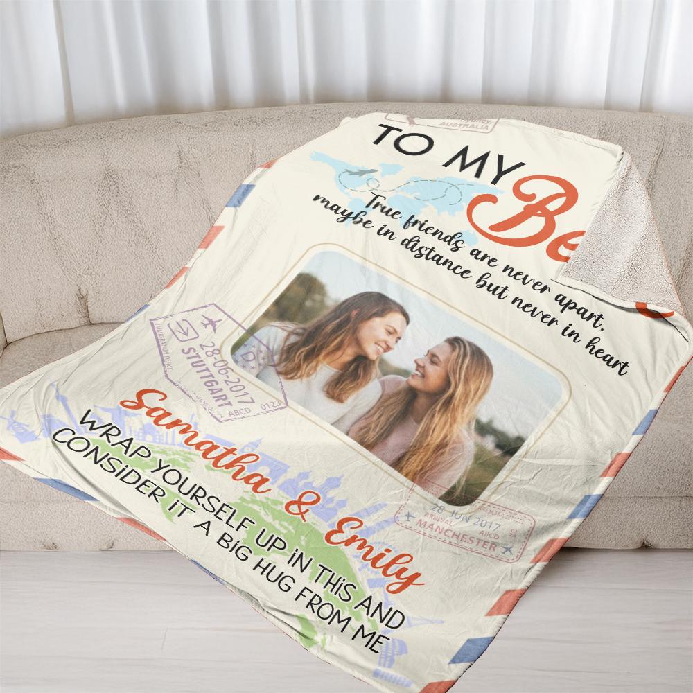 Custom Best Friend Photo Blanket, Personalized Travel Fleece Throw, Long Distance Friendship Keepsake