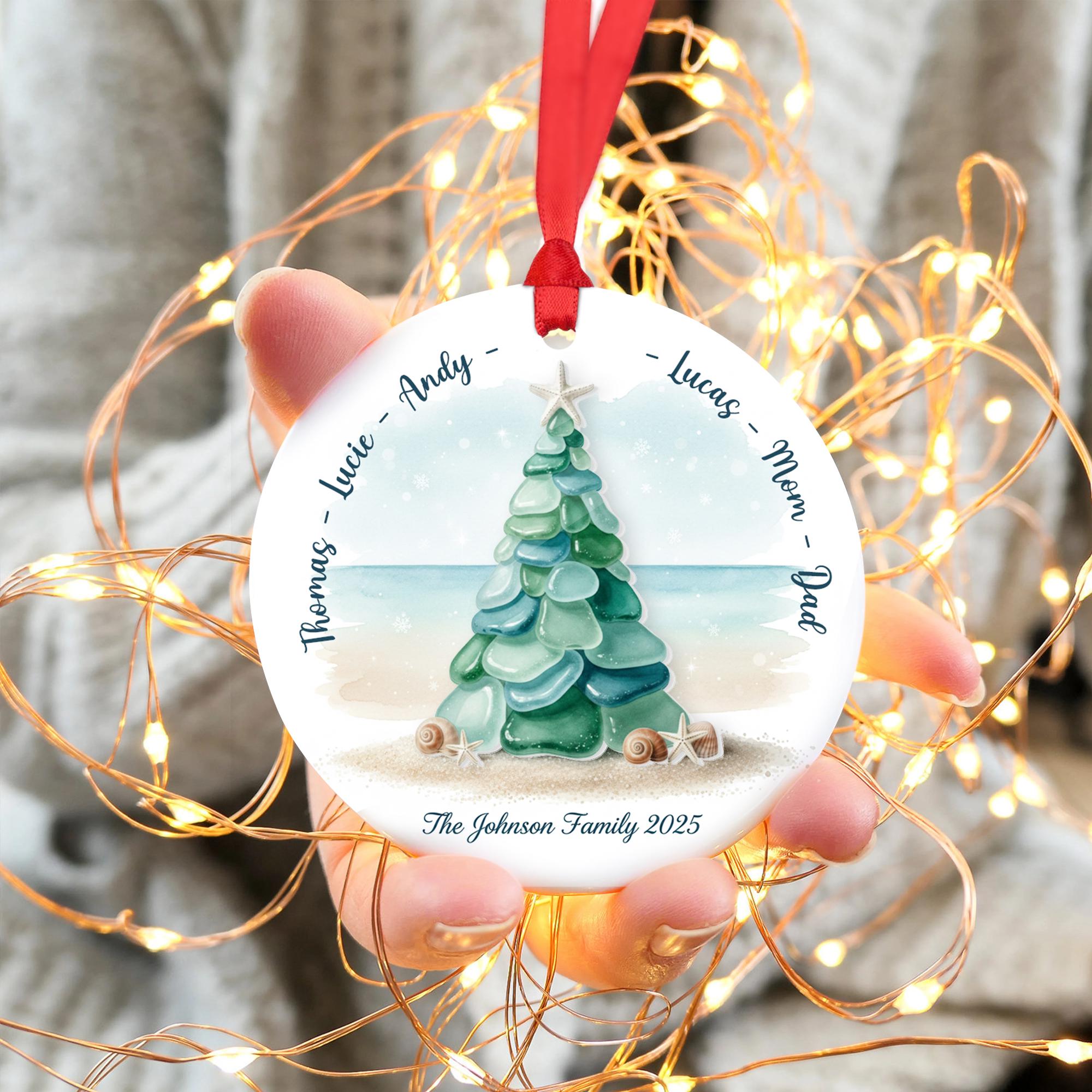 Custom Family Ornament, Ceramic and Acrylic Accent, Beach Christmas Decor, Family Xmas Tree Design