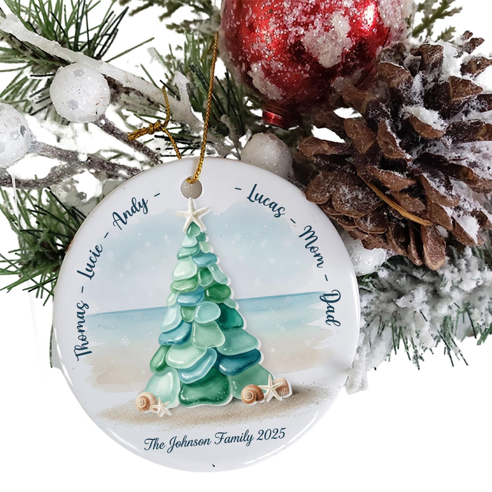 Custom Family Ornament, Ceramic and Acrylic Accent, Beach Christmas Decor, Family Xmas Tree Design