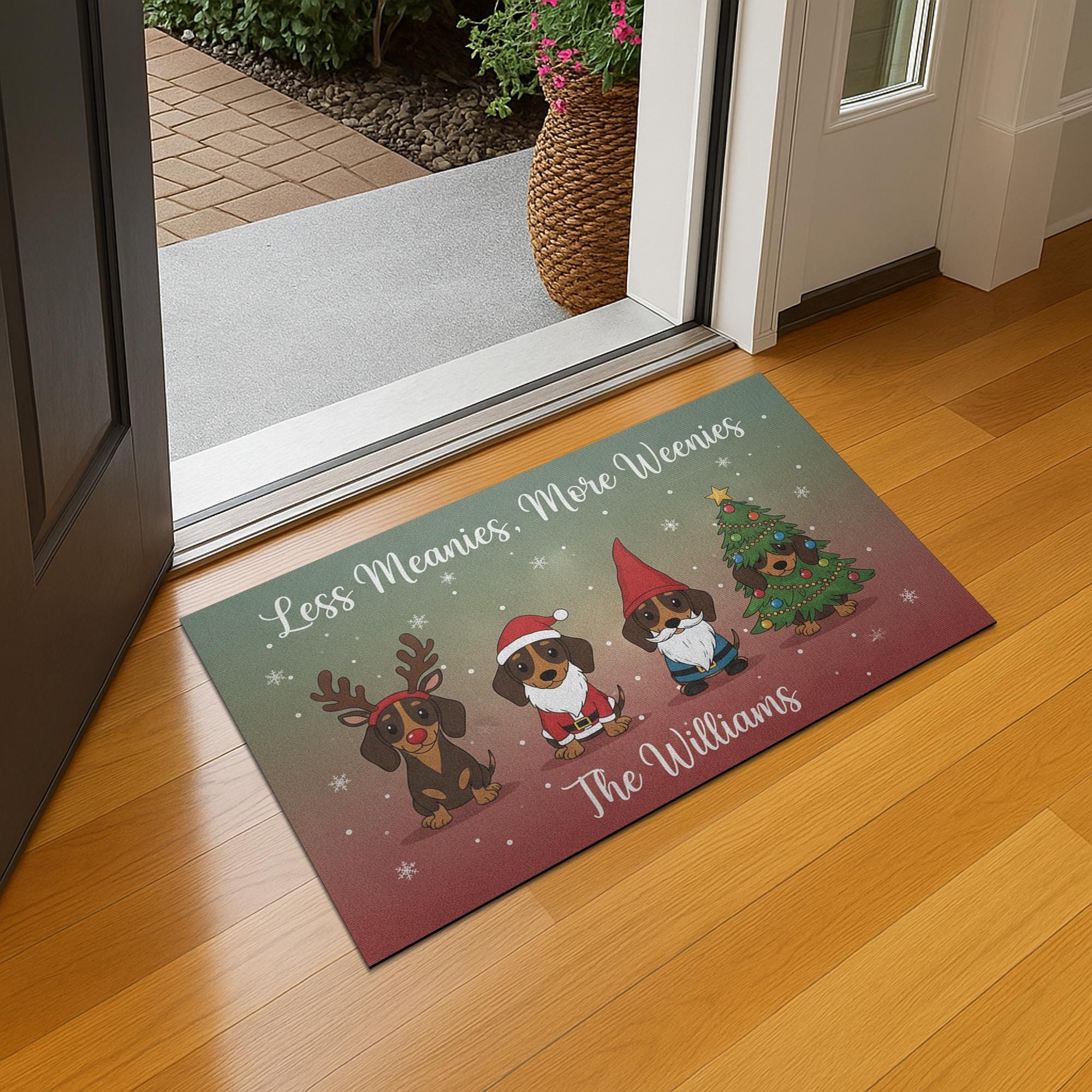 Personalized Dachshund Holiday Doormat — Less Meanies, More Weenies, Custom Name