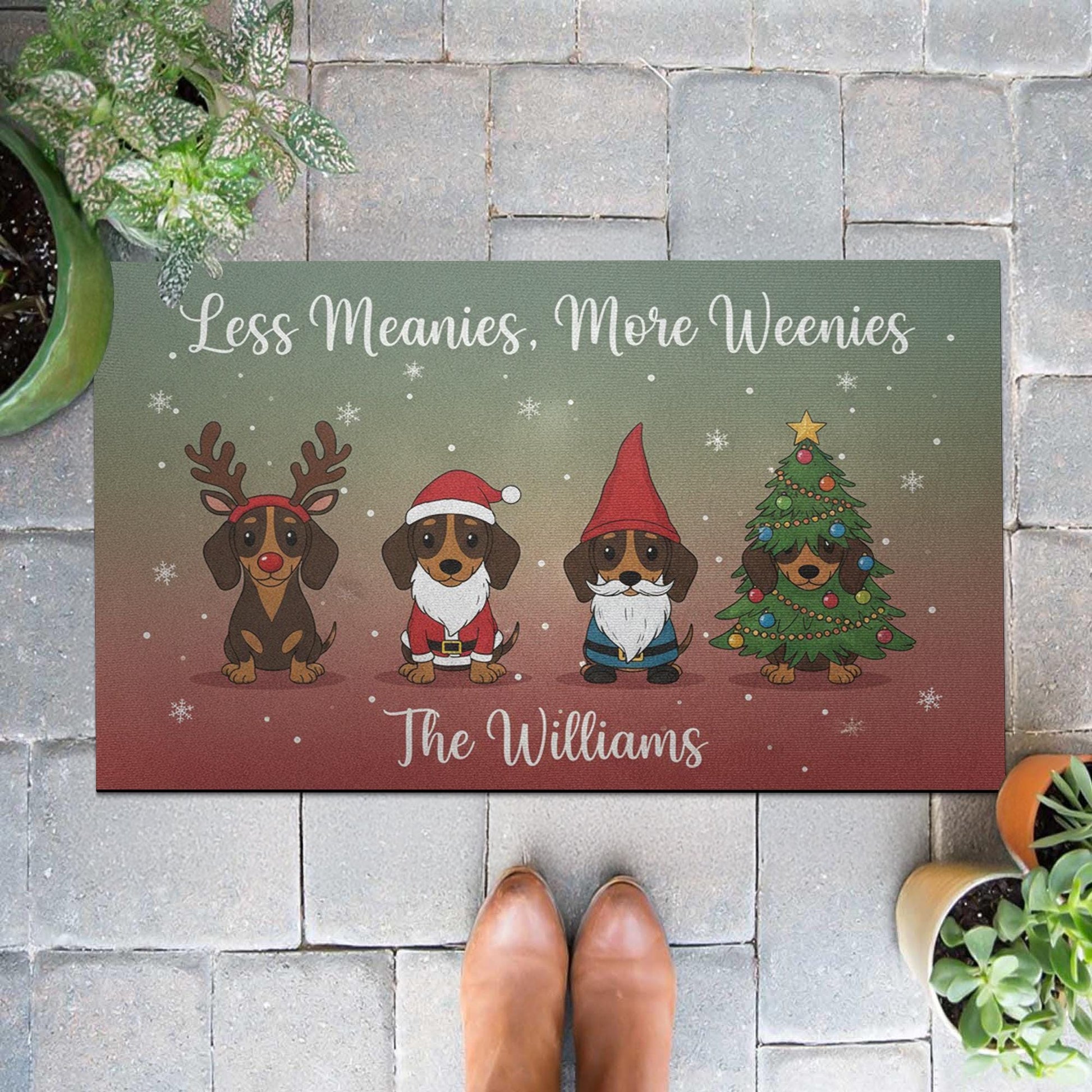 Personalized Dachshund Holiday Doormat — Less Meanies, More Weenies, Custom Name
