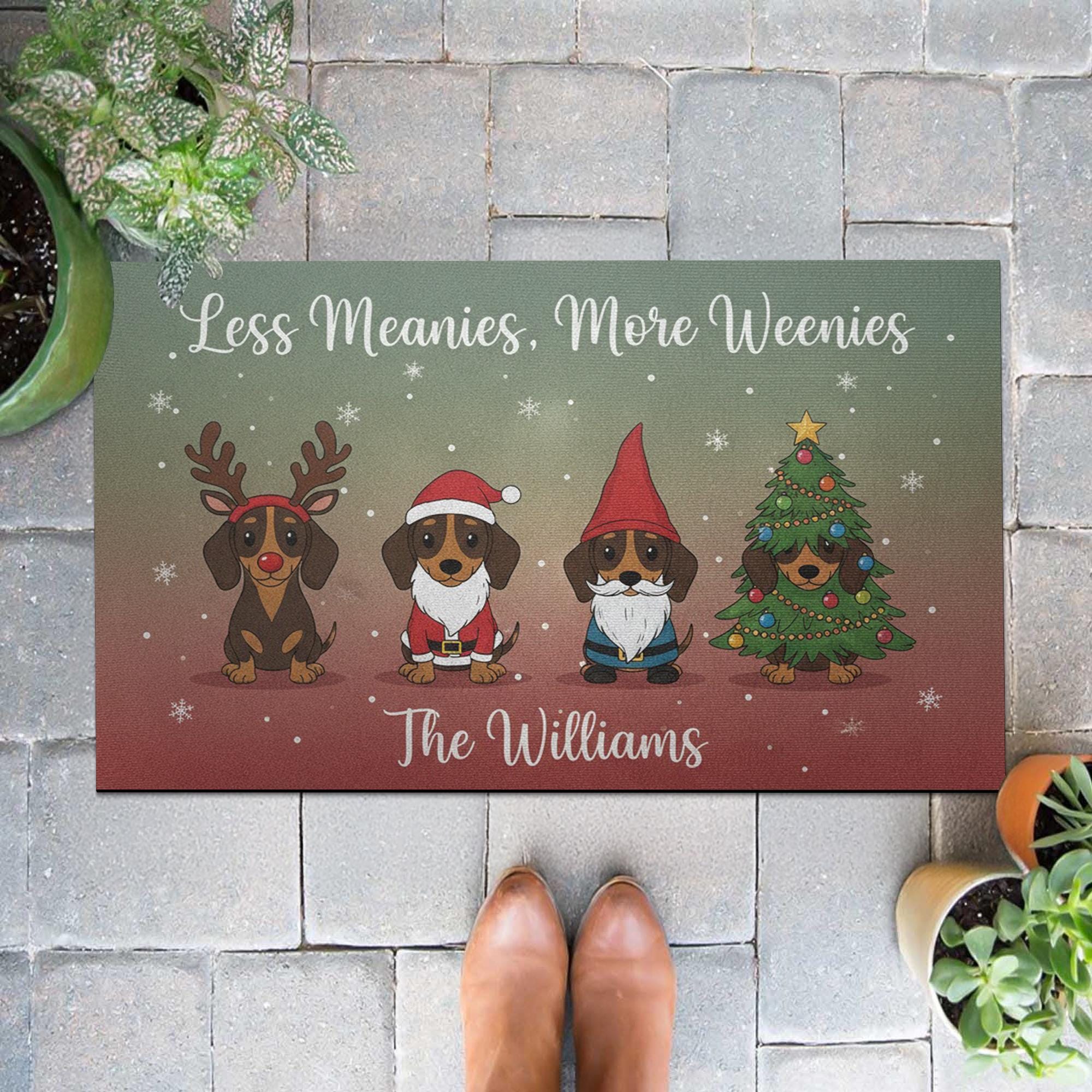 Personalized Dachshund Holiday Doormat — Less Meanies, More Weenies, Custom Name
