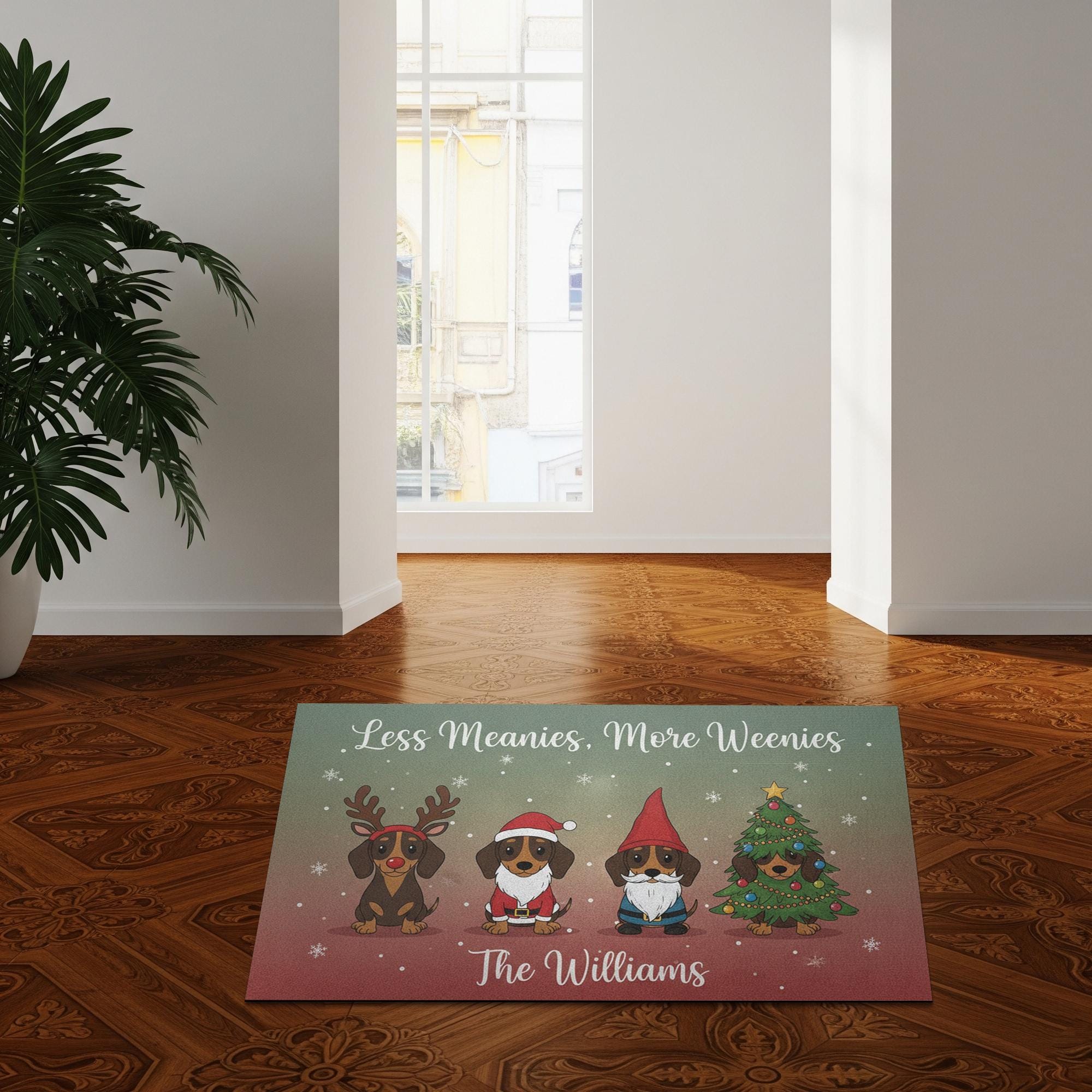 Personalized Dachshund Holiday Doormat — Less Meanies, More Weenies, Custom Name
