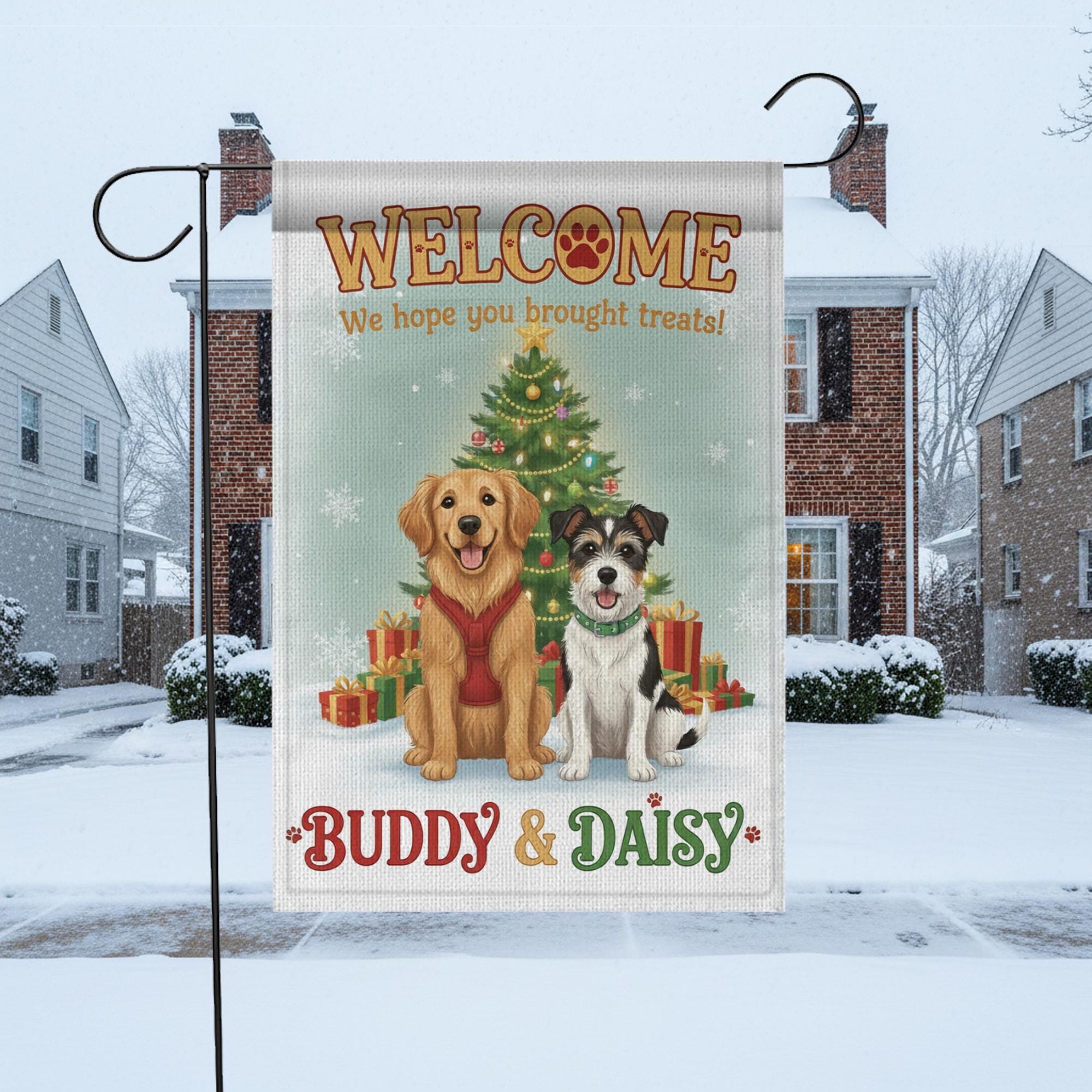 Personalized Dog Garden Flag – Welcome We Hope You Brought Treats, Christmas Outdoor Decor
