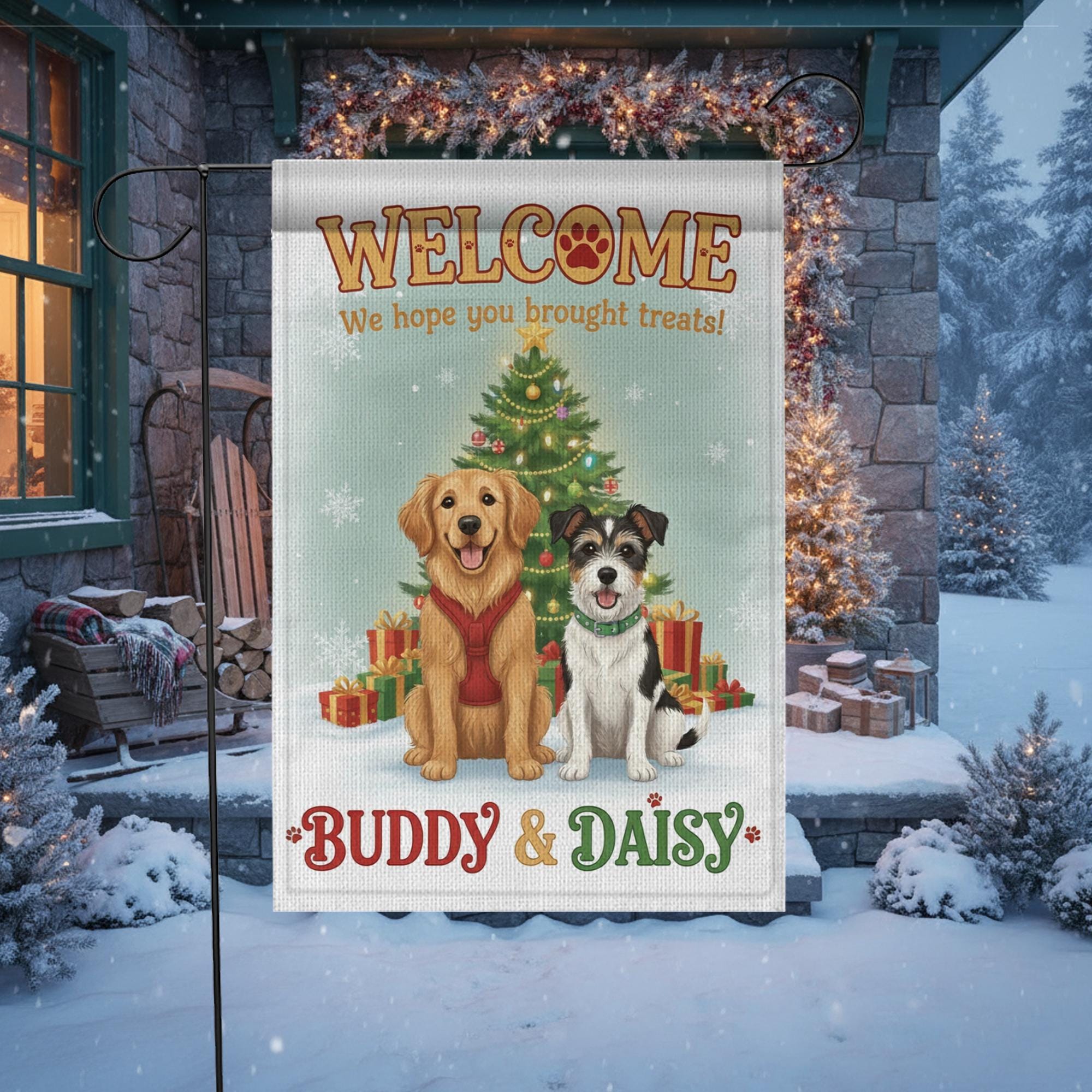 Personalized Dog Garden Flag – Welcome We Hope You Brought Treats, Christmas Outdoor Decor