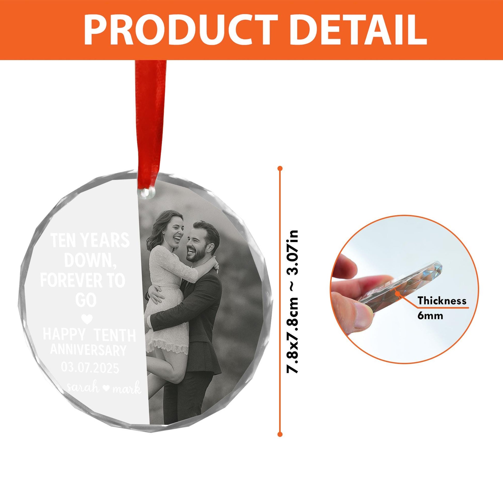 Personalized Glass Photo Ornament | Ten Years Down, Forever to Go Anniversary Keepsake