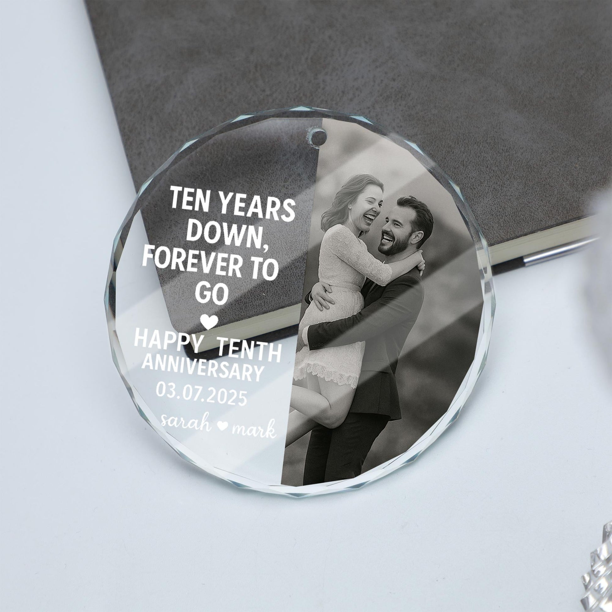 Personalized Glass Photo Ornament | Ten Years Down, Forever to Go Anniversary Keepsake