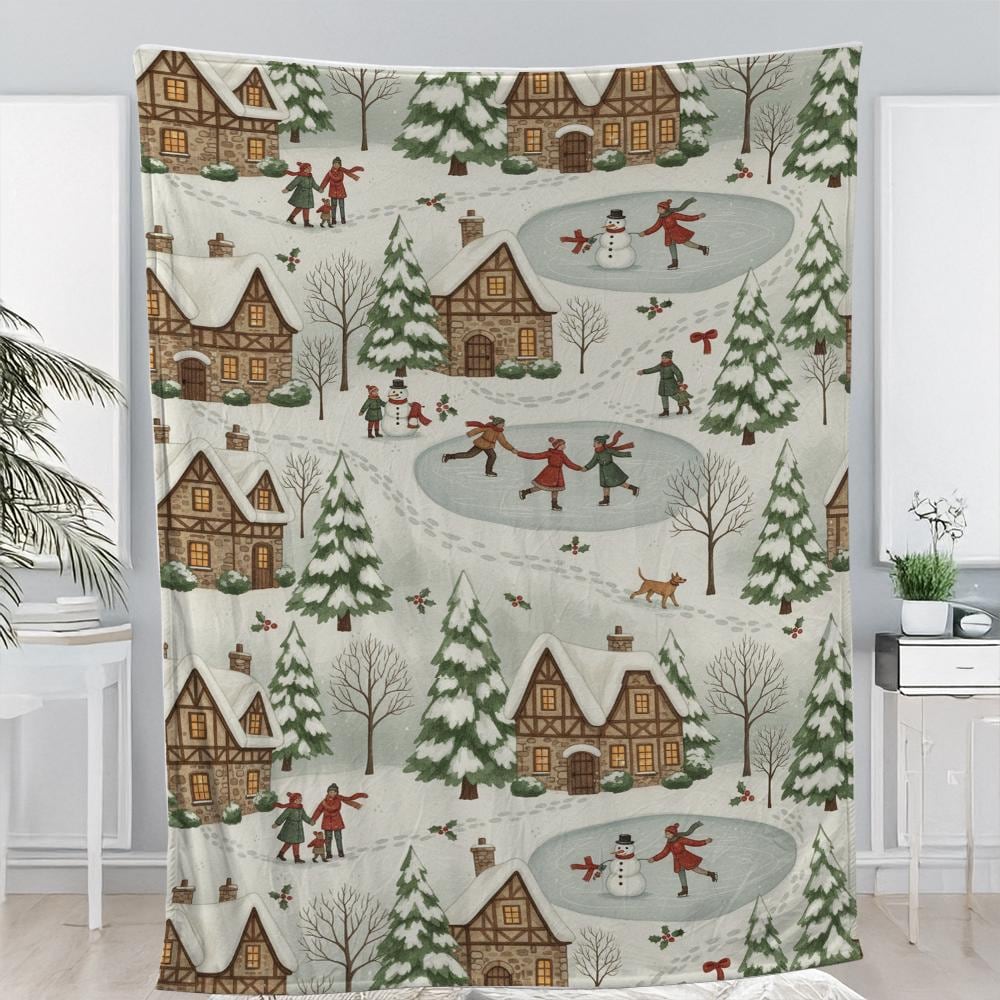 Cozy Winter Cottage Blanket – Snowy Village Scene Throw, Home Decor, Christmas Gift
