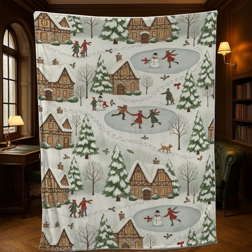 Cozy Winter Cottage Blanket – Snowy Village Scene Throw, Home Decor, Christmas Gift