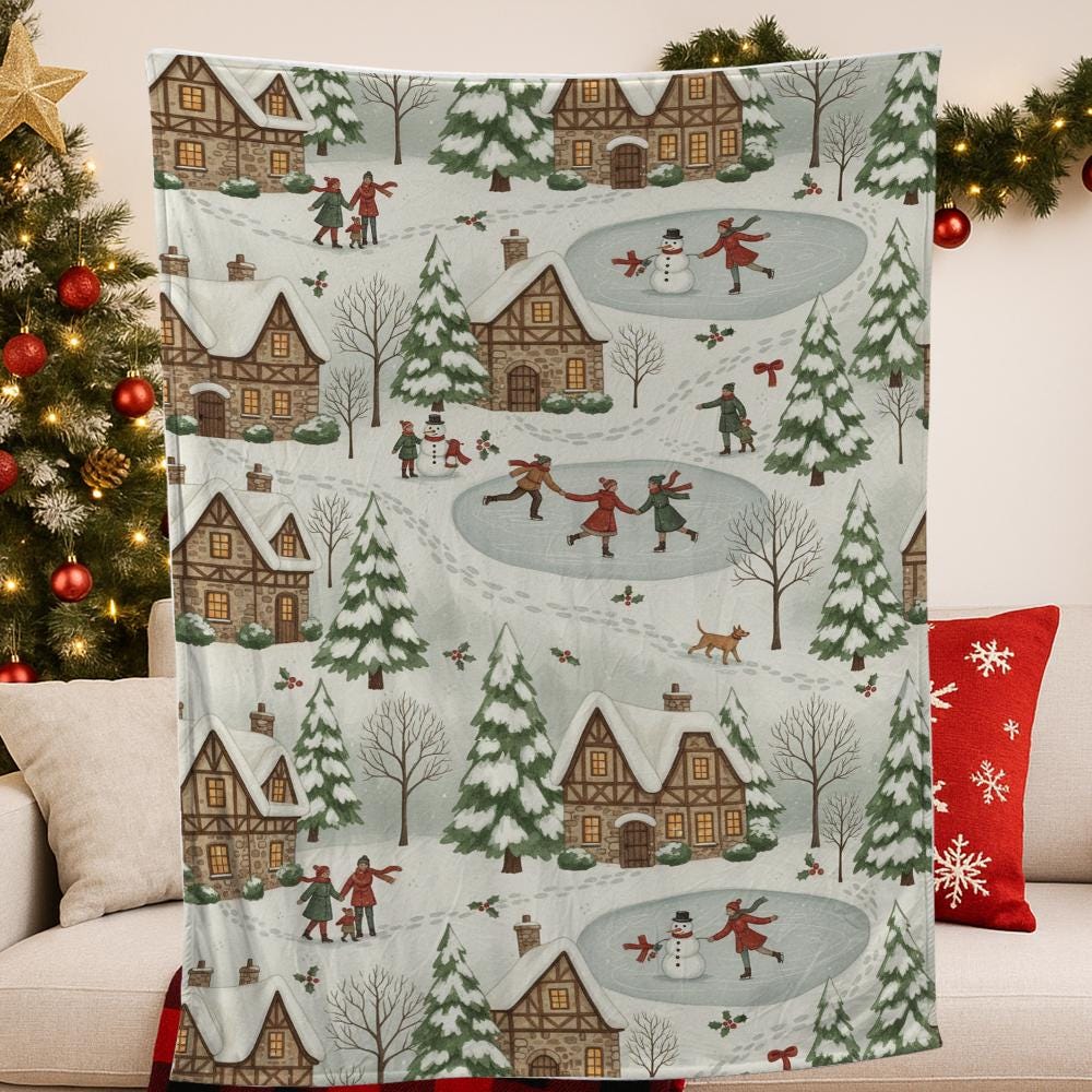 Cozy Winter Cottage Blanket – Snowy Village Scene Throw, Home Decor, Christmas Gift