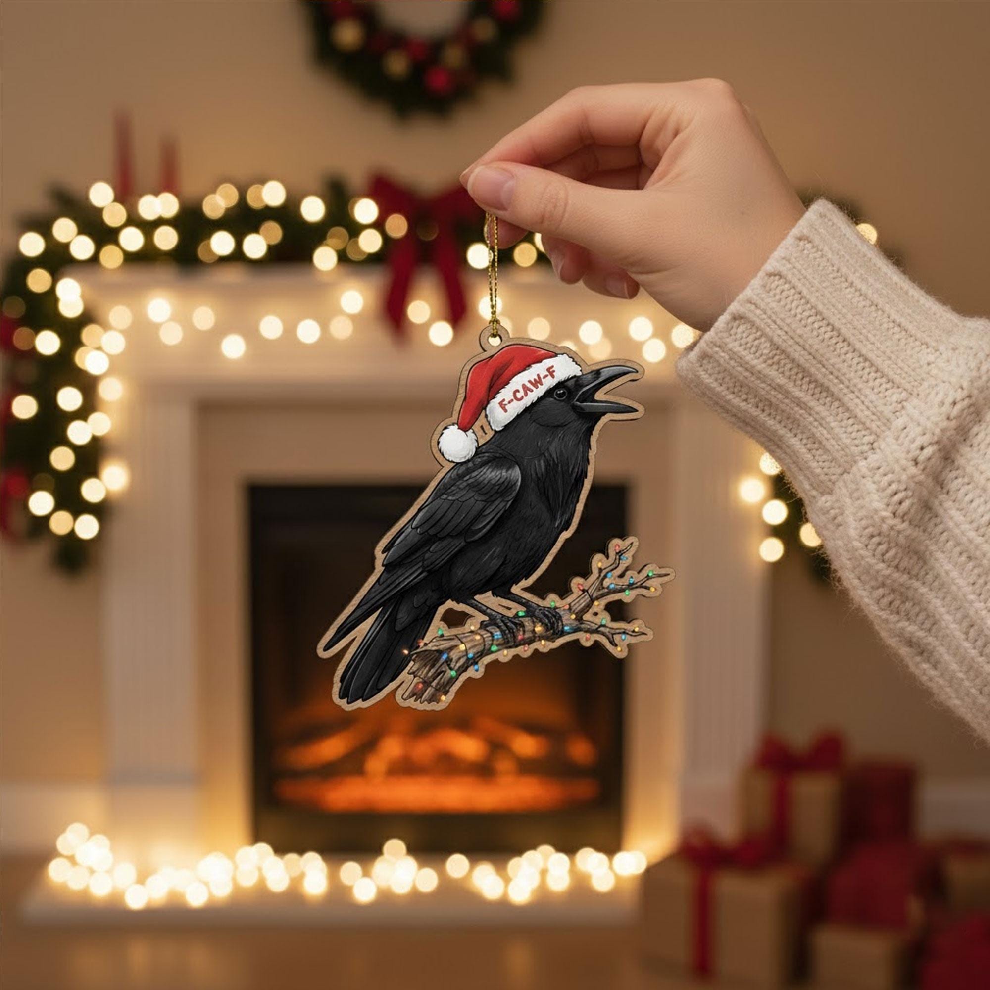Crow Christmas Ornament: F-Caw-F Santa Hat Bird Decor, Funny Holiday Tree Charm
