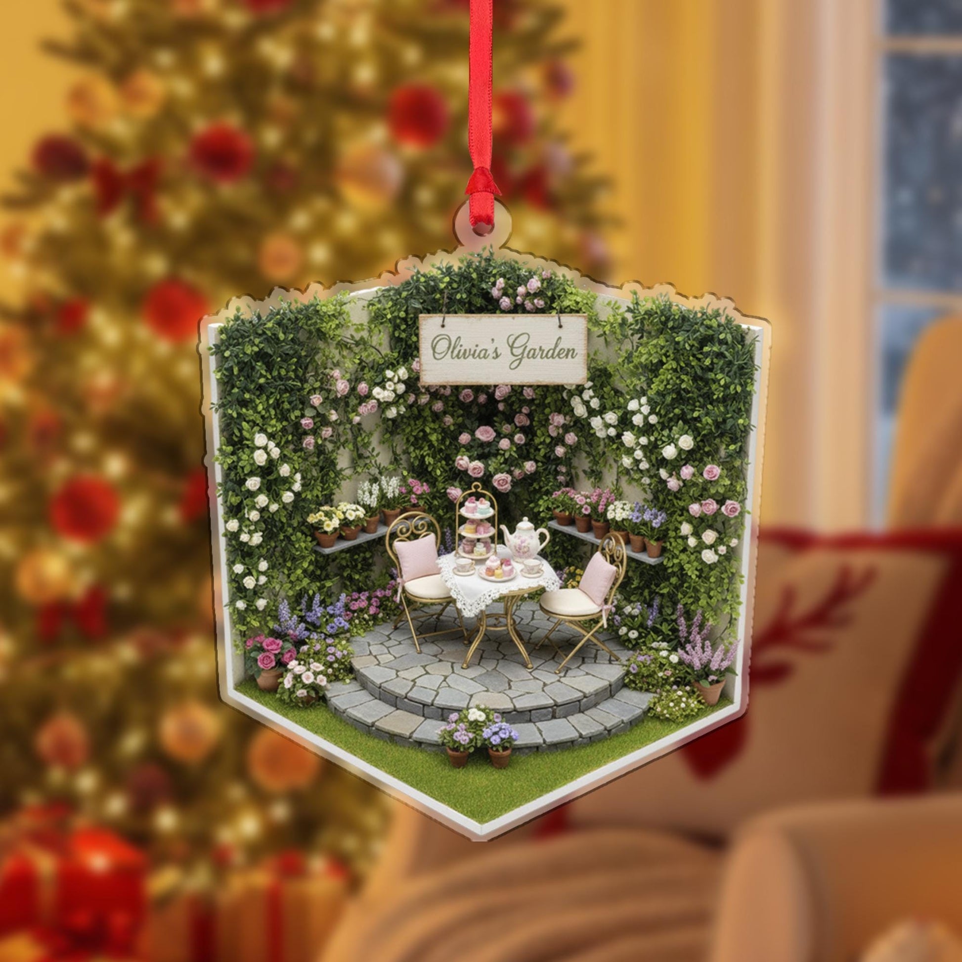 Personalized Garden Ornament – Custom Name Tea Party Decoration, Floral Patio Acrylic Ornament