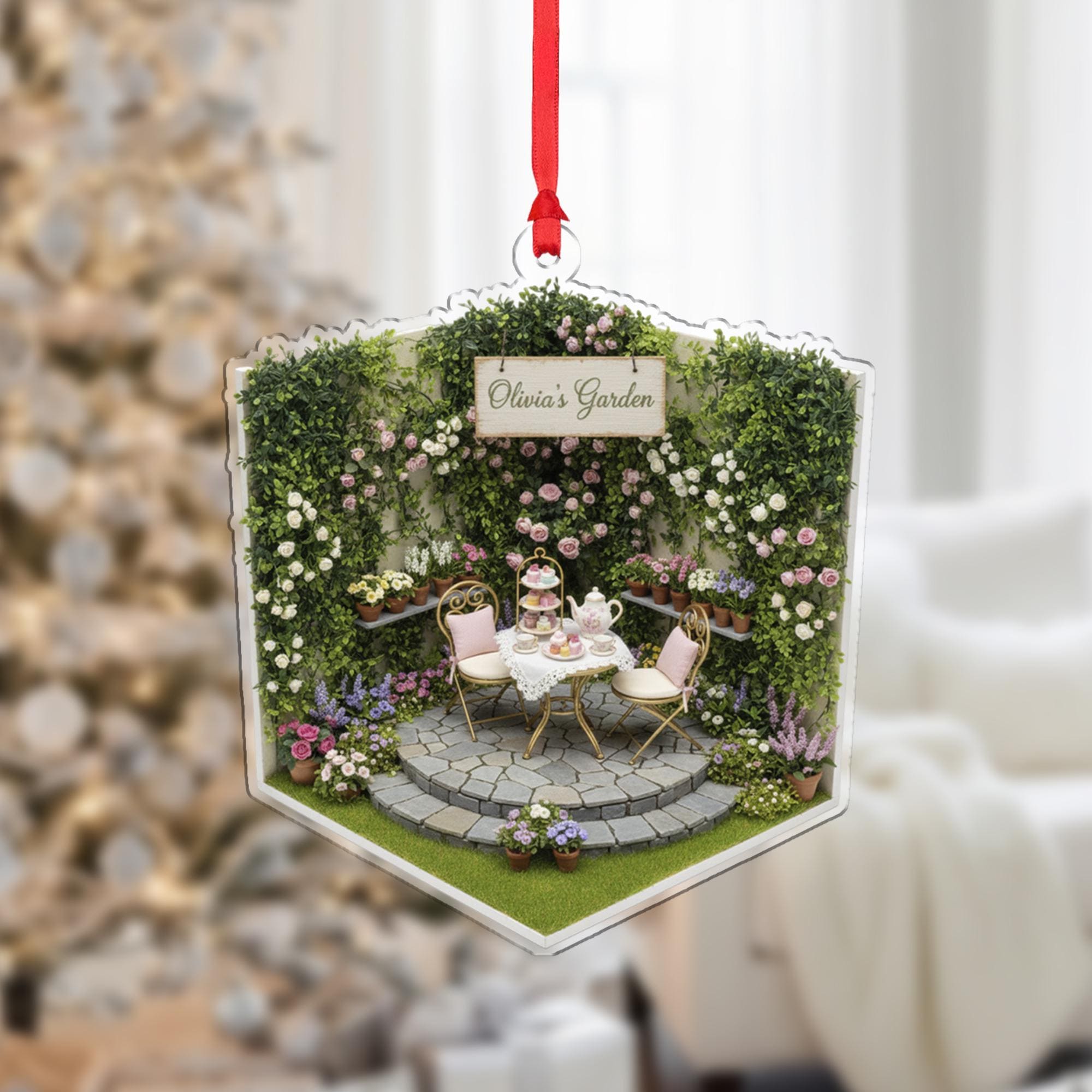 Personalized Garden Ornament – Custom Name Tea Party Decoration, Floral Patio Acrylic Ornament