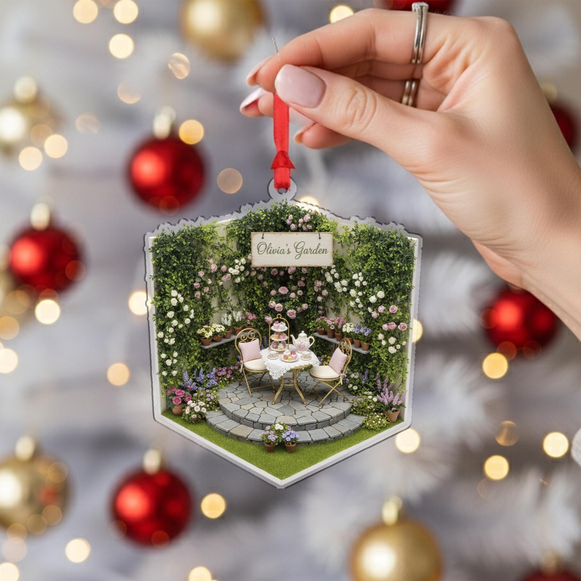Personalized Garden Ornament – Custom Name Tea Party Decoration, Floral Patio Acrylic Ornament