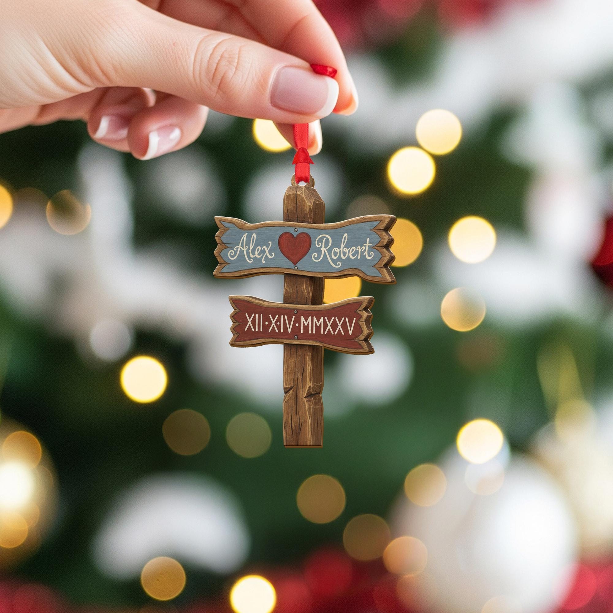 Personalized Couple Ornament – Custom Name Date Decoration, Rustic Signpost Acrylic Ornament