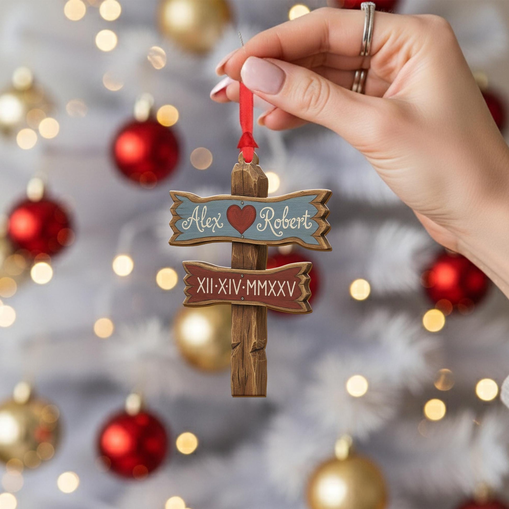 Personalized Couple Ornament – Custom Name Date Decoration, Rustic Signpost Acrylic Ornament