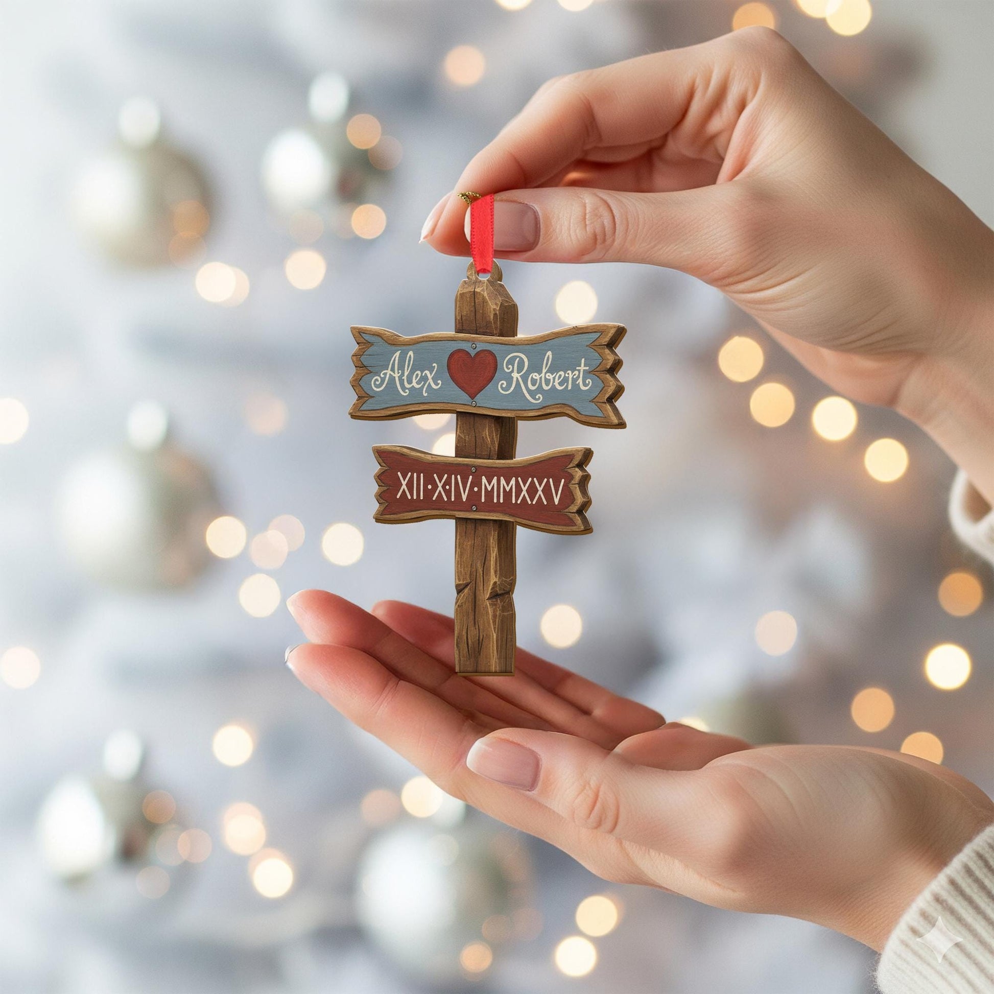 Personalized Couple Ornament – Custom Name Date Decoration, Rustic Signpost Acrylic Ornament