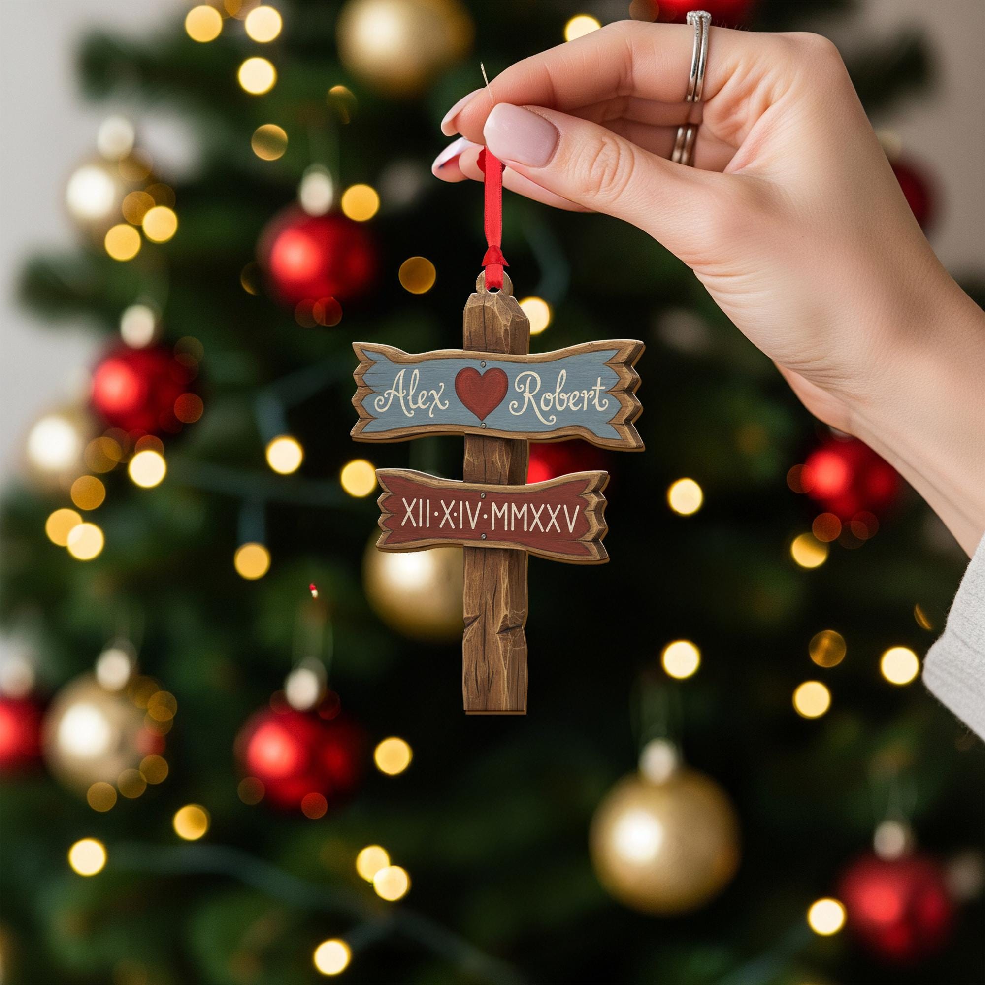 Personalized Couple Ornament – Custom Name Date Decoration, Rustic Signpost Acrylic Ornament