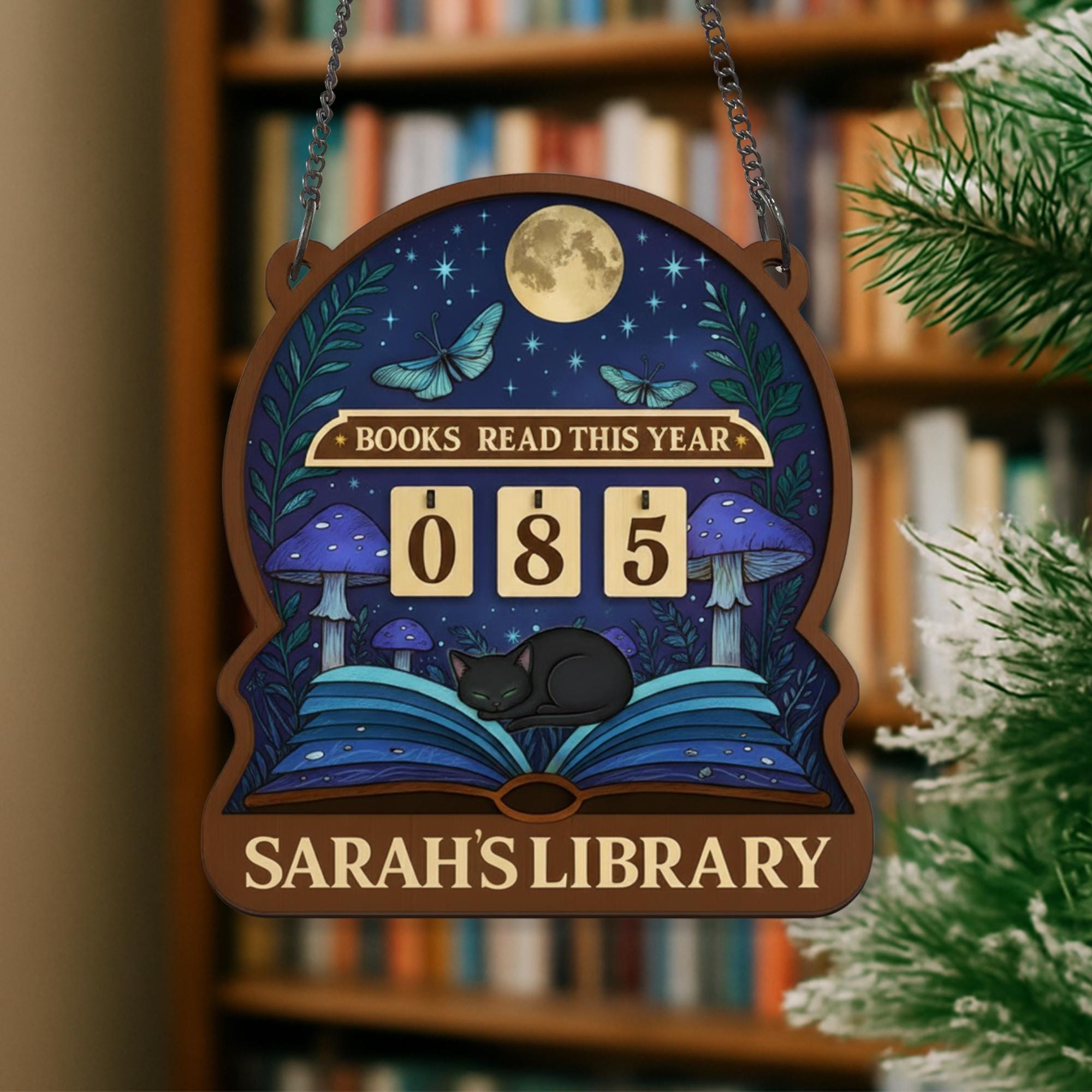 Moonlight Book Tracker – Personalized Library Reading Sign with Cat and Mushrooms