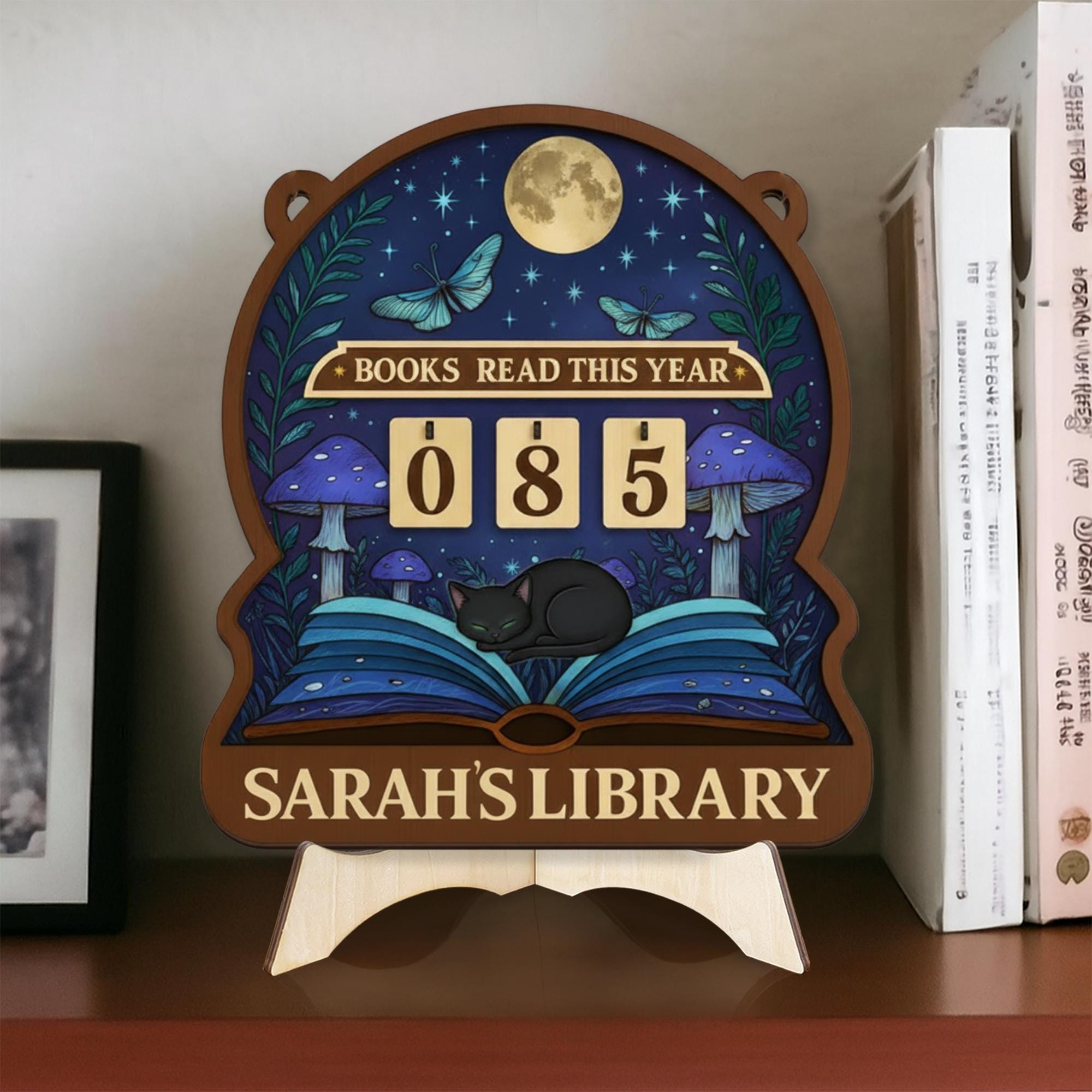 Moonlight Book Tracker – Personalized Library Reading Sign with Cat and Mushrooms