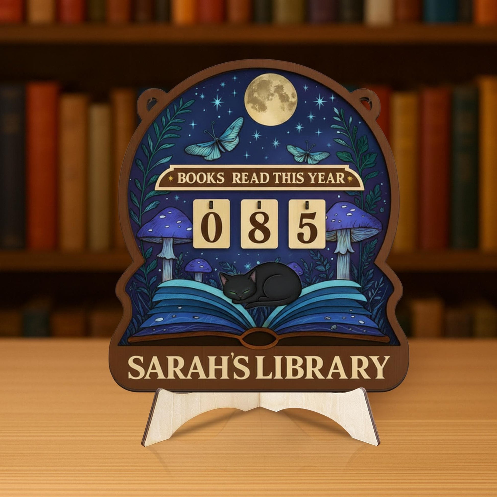 Moonlight Book Tracker – Personalized Library Reading Sign with Cat and Mushrooms