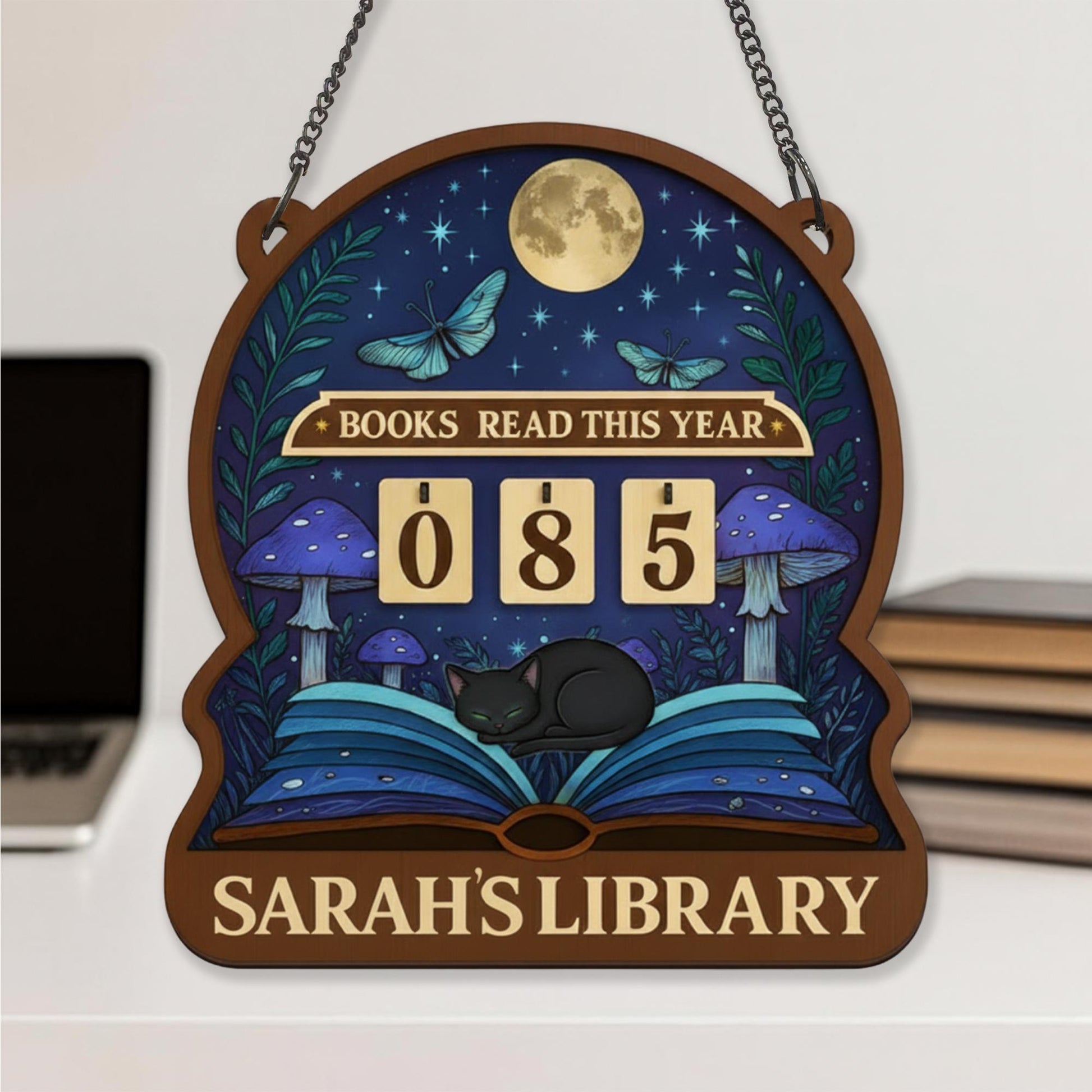 Moonlight Book Tracker – Personalized Library Reading Sign with Cat and Mushrooms