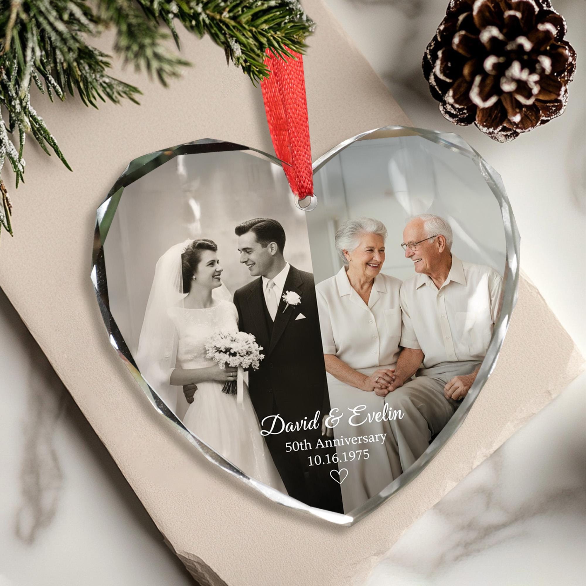 Personalized Glass Heart Ornament • Photo Engraved Glass Keepsake • Anniversary Commemorative