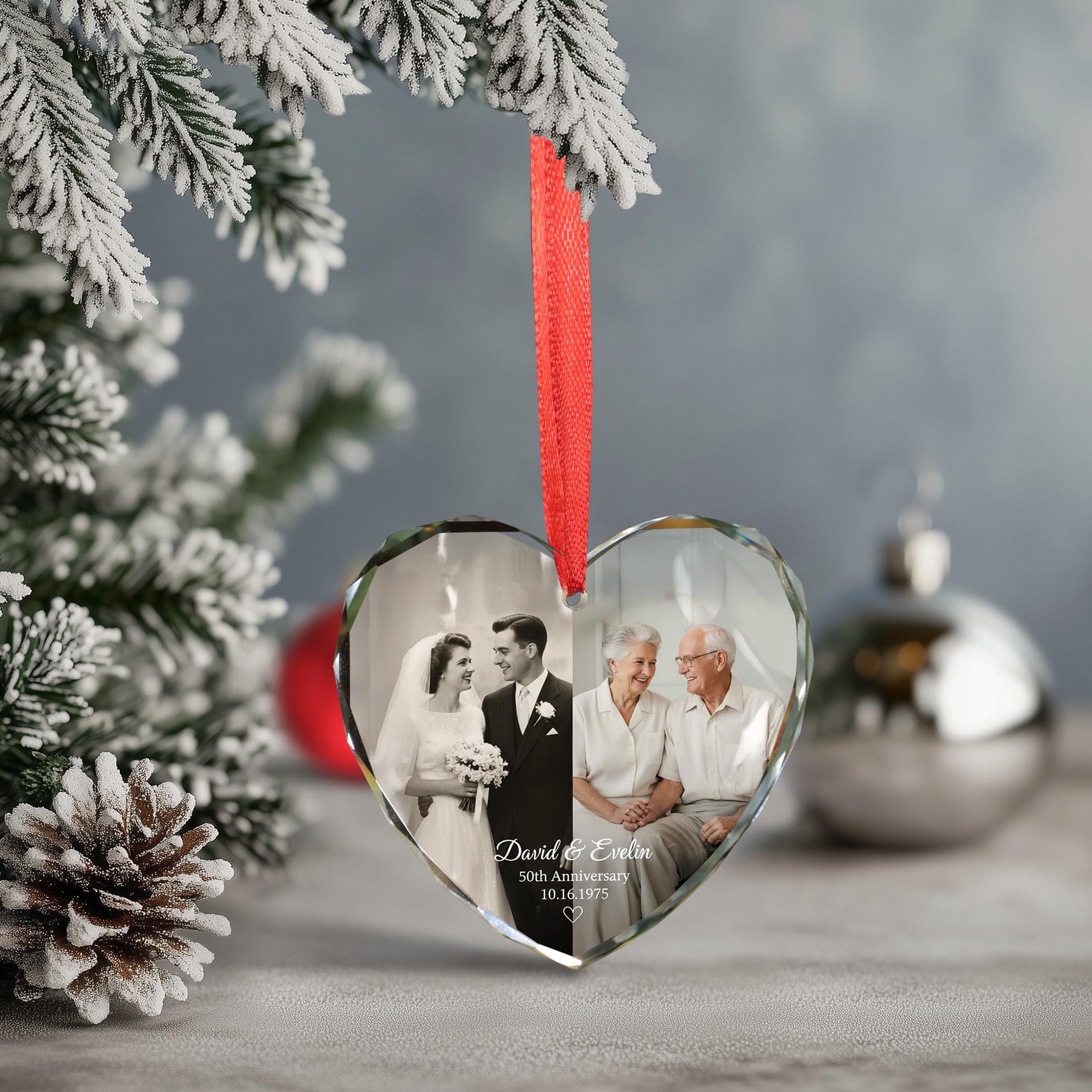 Personalized Glass Heart Ornament • Photo Engraved Glass Keepsake • Anniversary Commemorative