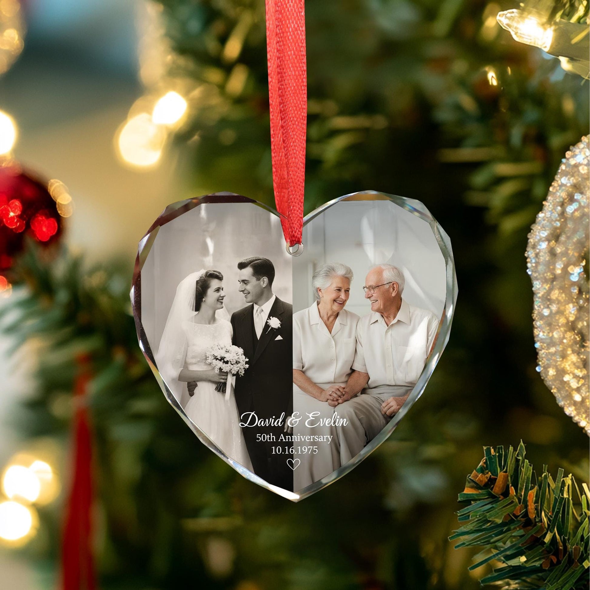 Personalized Glass Heart Ornament • Photo Engraved Glass Keepsake • Anniversary Commemorative