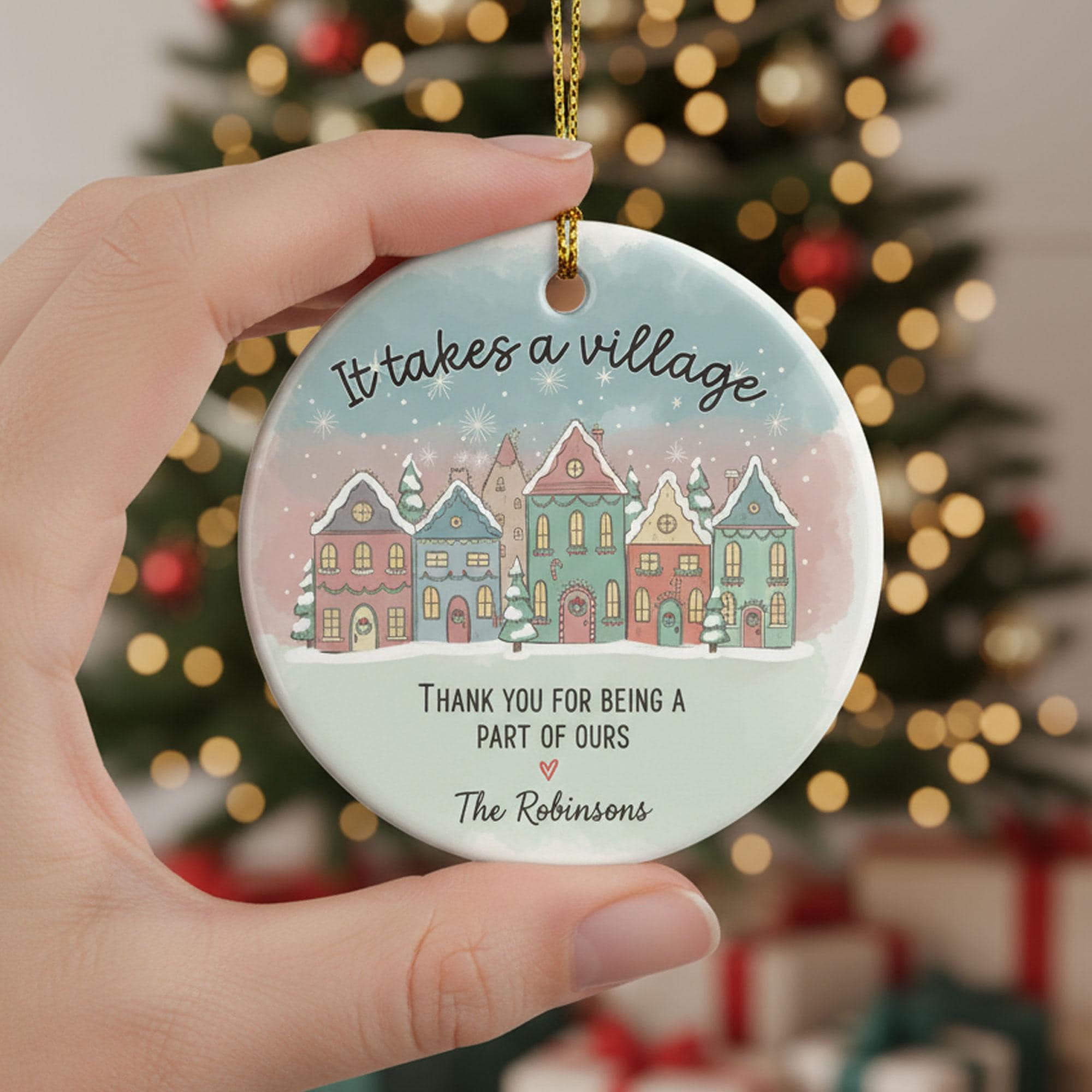Personalized Christmas Ornament: Snowy Village Gift for Neighbours
