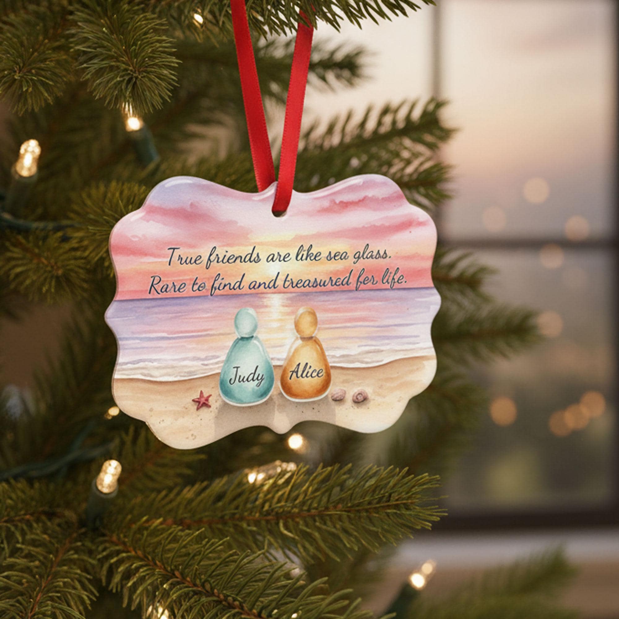 Custom Bestie Sea Glass Ornament: Sunset Ceramic Keepsake, Personalized Friendship Gift Holiday Decor