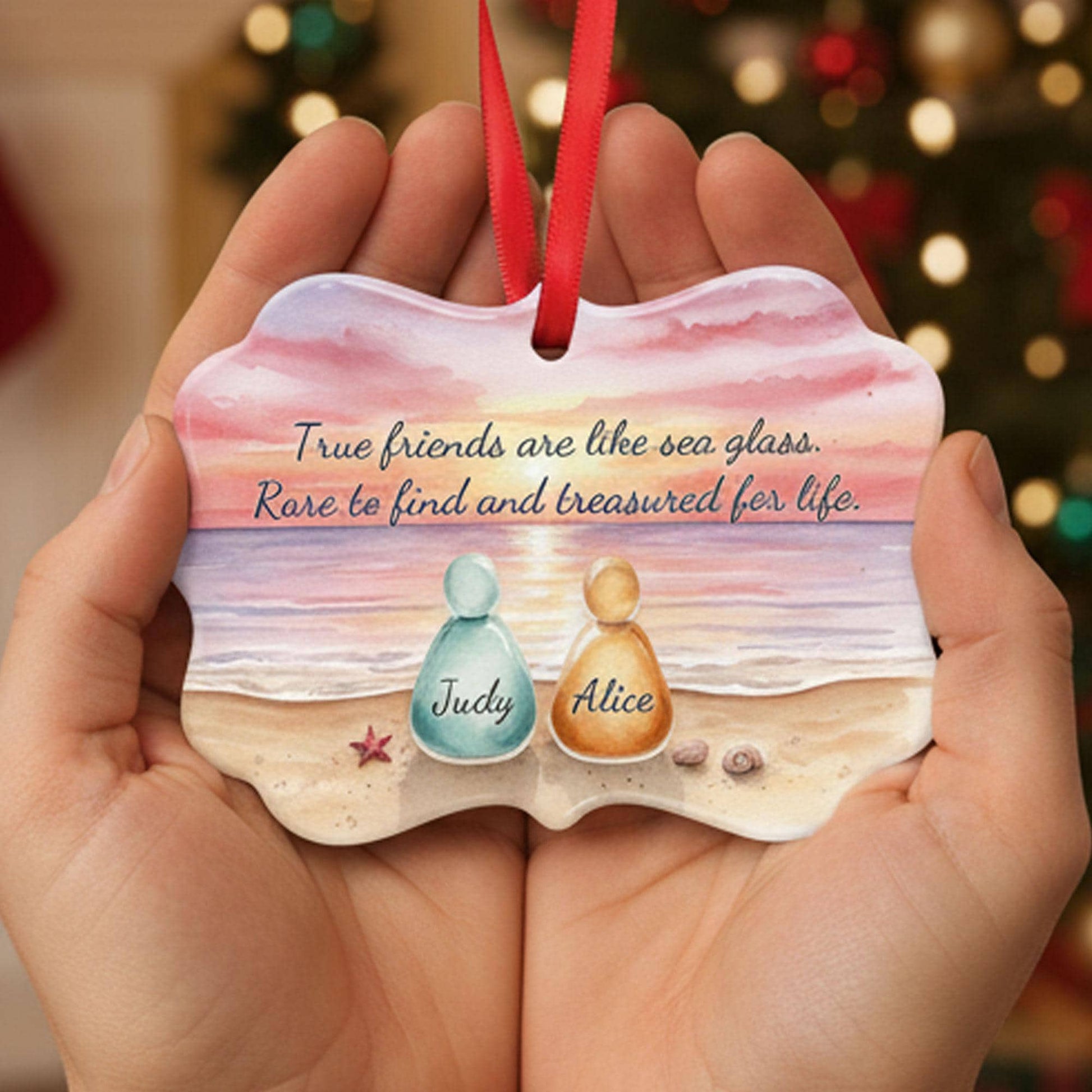 Custom Bestie Sea Glass Ornament: Sunset Ceramic Keepsake, Personalized Friendship Gift Holiday Decor