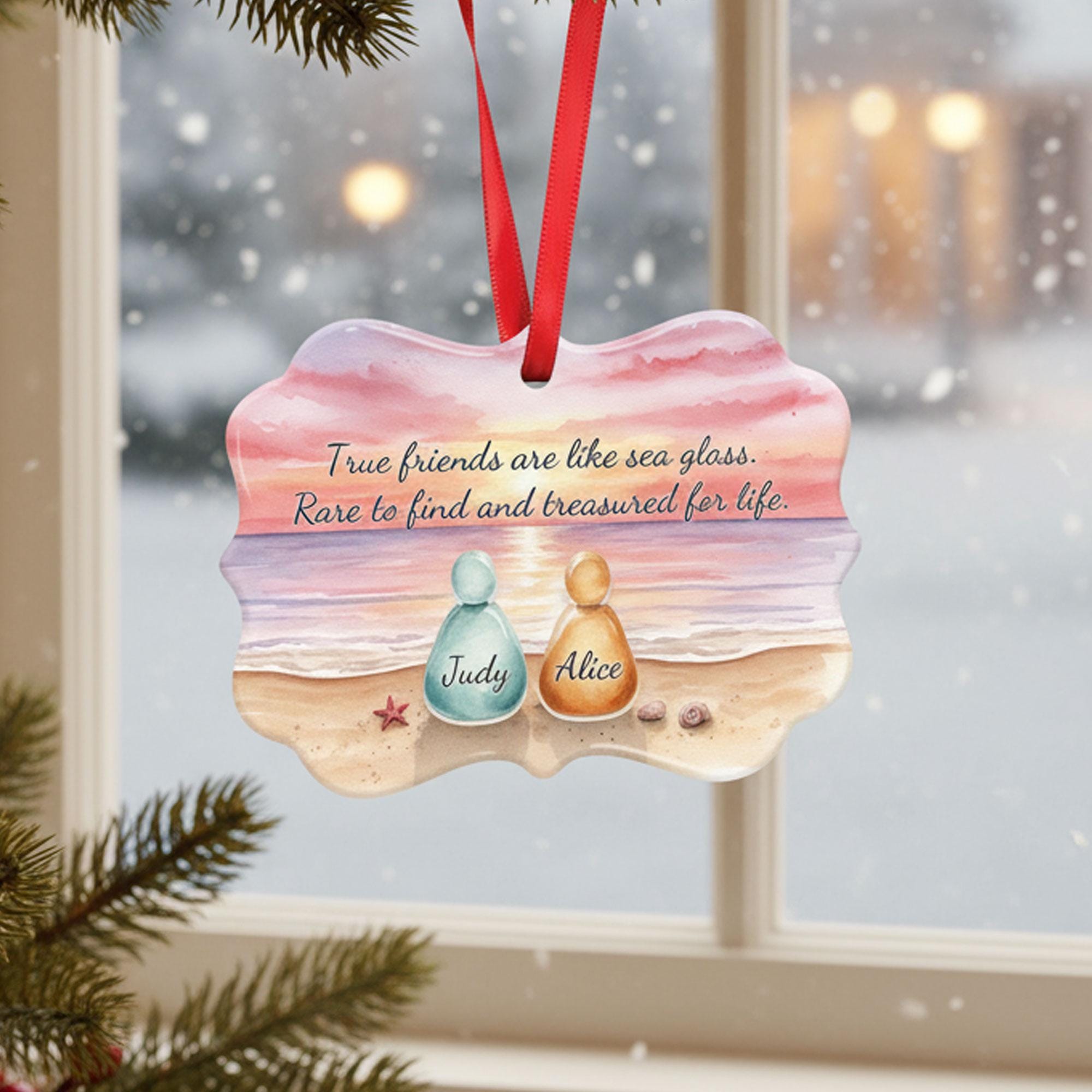 Custom Bestie Sea Glass Ornament: Sunset Ceramic Keepsake, Personalized Friendship Gift Holiday Decor