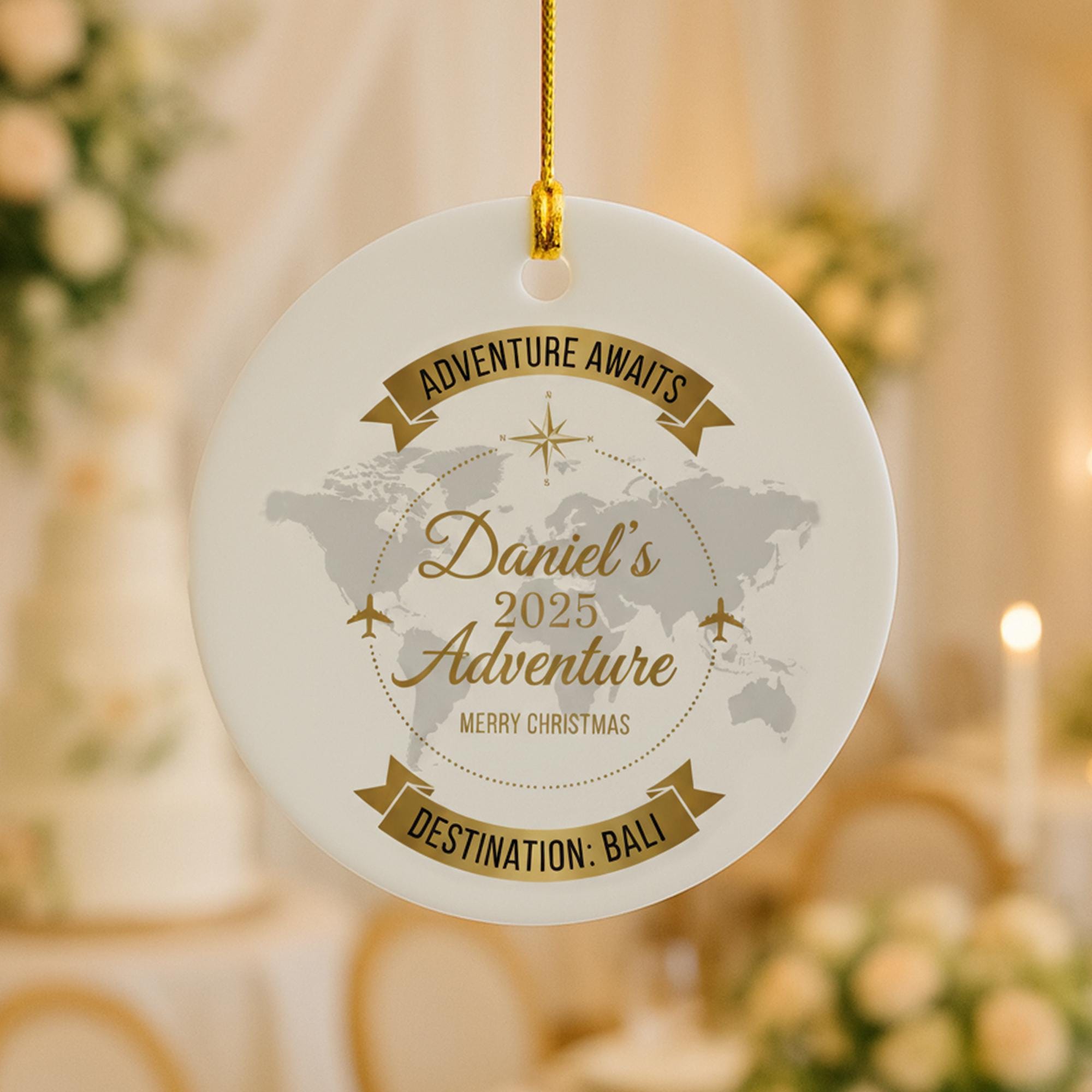 Personalized Destination Travel Ornament: Custom Vacation Keepsake with World Map Design