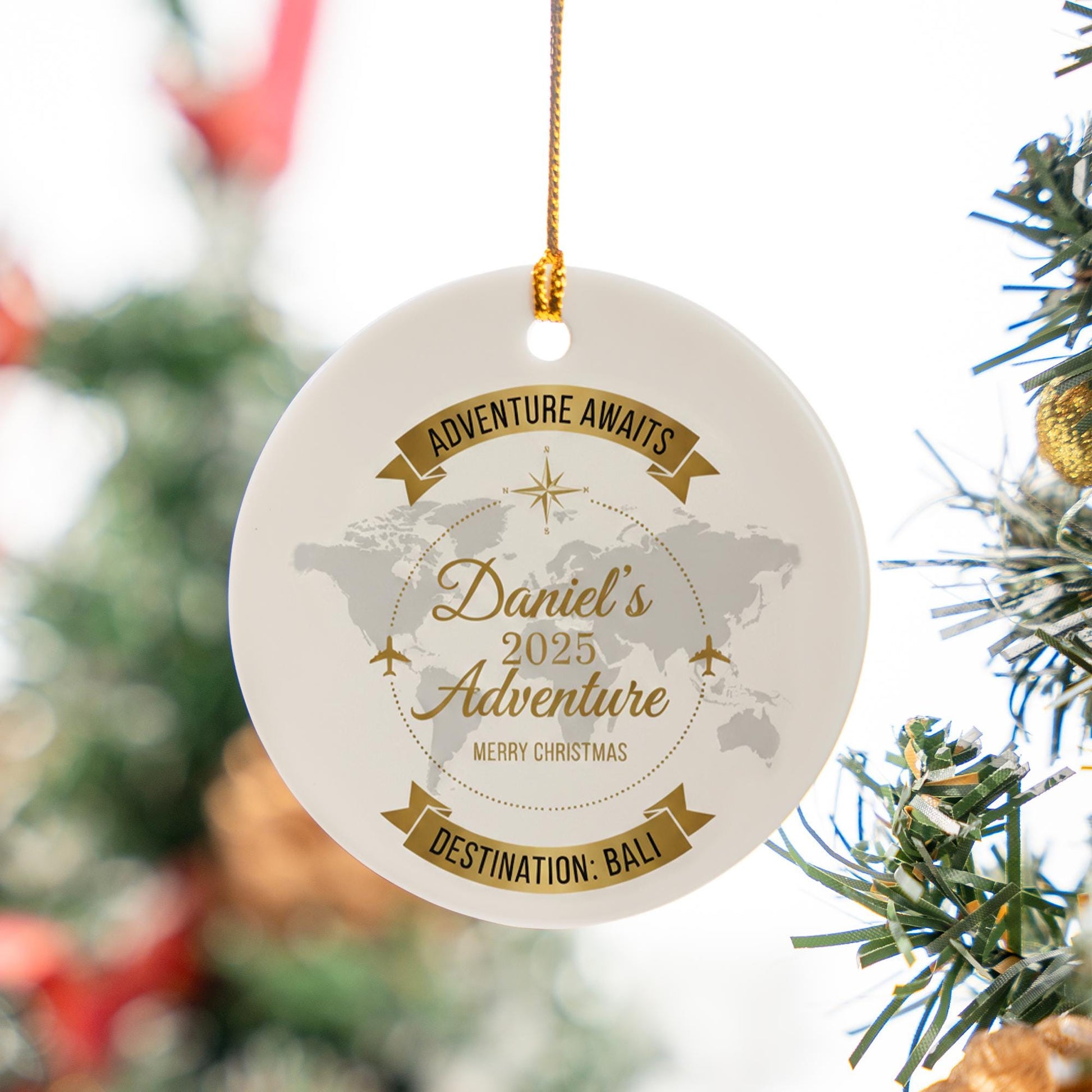 Personalized Destination Travel Ornament: Custom Vacation Keepsake with World Map Design
