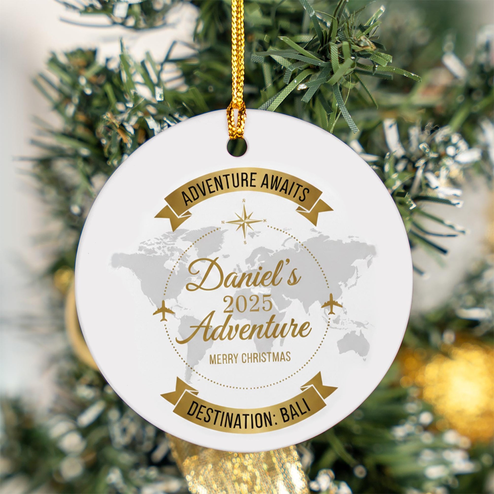 Personalized Destination Travel Ornament: Custom Vacation Keepsake with World Map Design