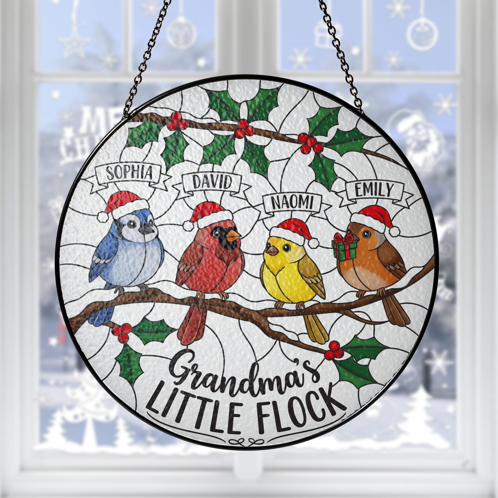 Personalized Grandma's Flock Glass Suncatcher: Custom Grandkids Christmas Ornament