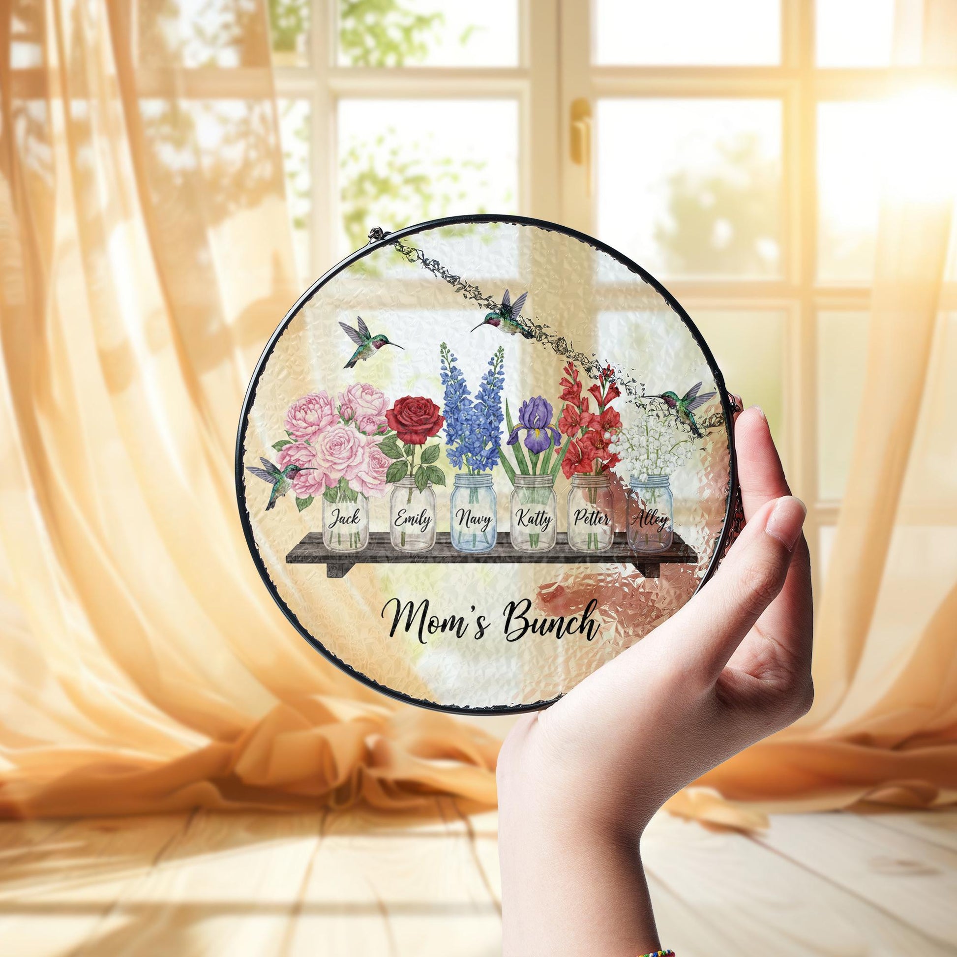 Personalized Glass Suncatcher: Mom’s Bunch Floral Window Hanging