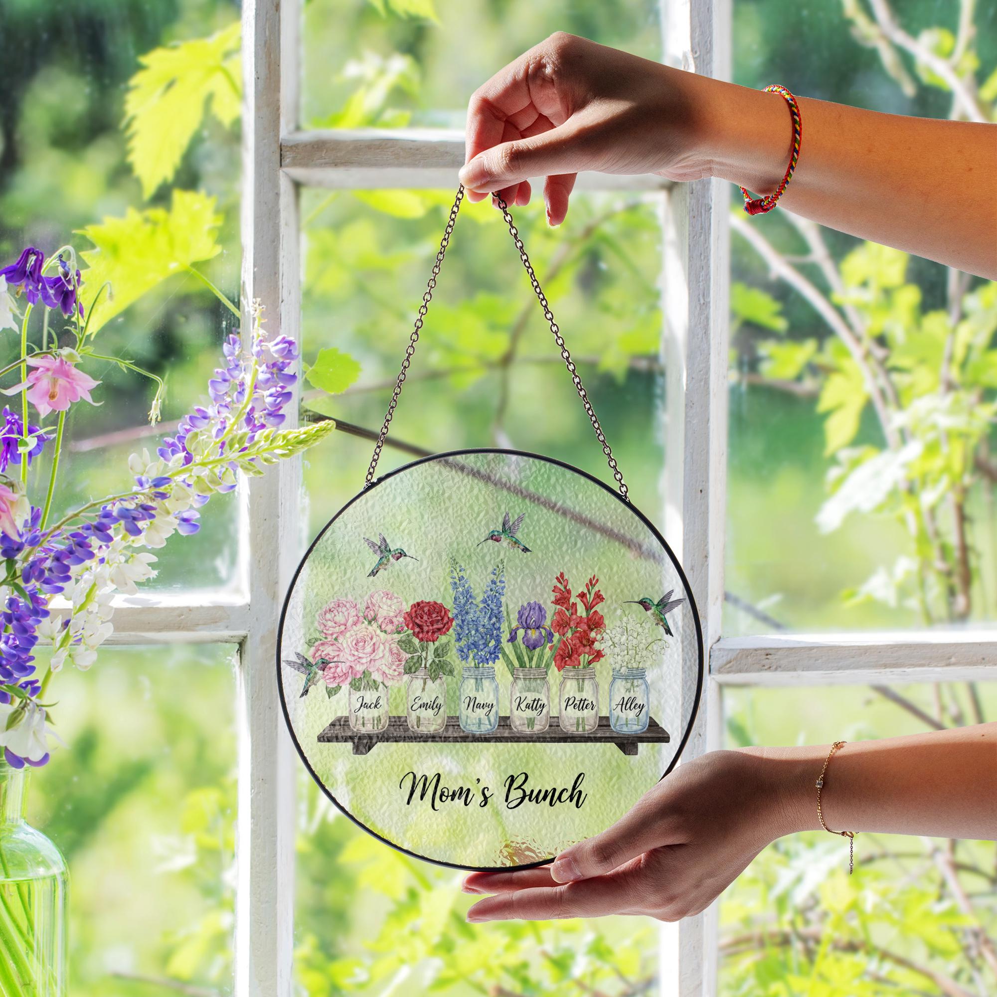 Personalized Glass Suncatcher: Mom’s Bunch Floral Window Hanging